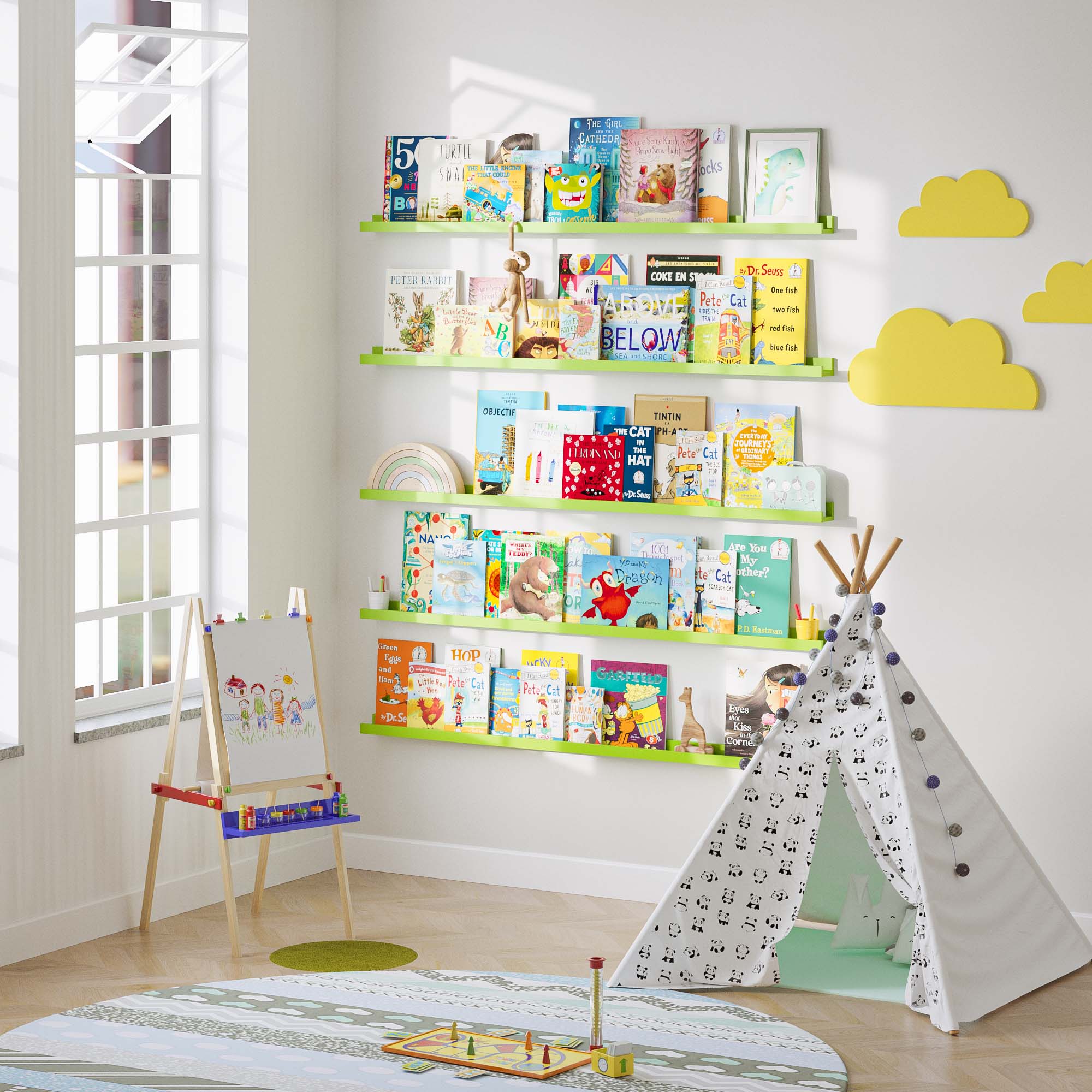 a bright and playful children's room with five wall-mounted cute shelves for kids in green filled with colorful books. The room features a small play tent, an easel for drawing, and a play mat, creating an engaging and creative environment for children.