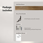 "Package Includes" details for Forms wall shelves for living room. It shows a solid wood board, heavy-duty brackets hardware (anchors and screws), and an installation manual for easy setup.