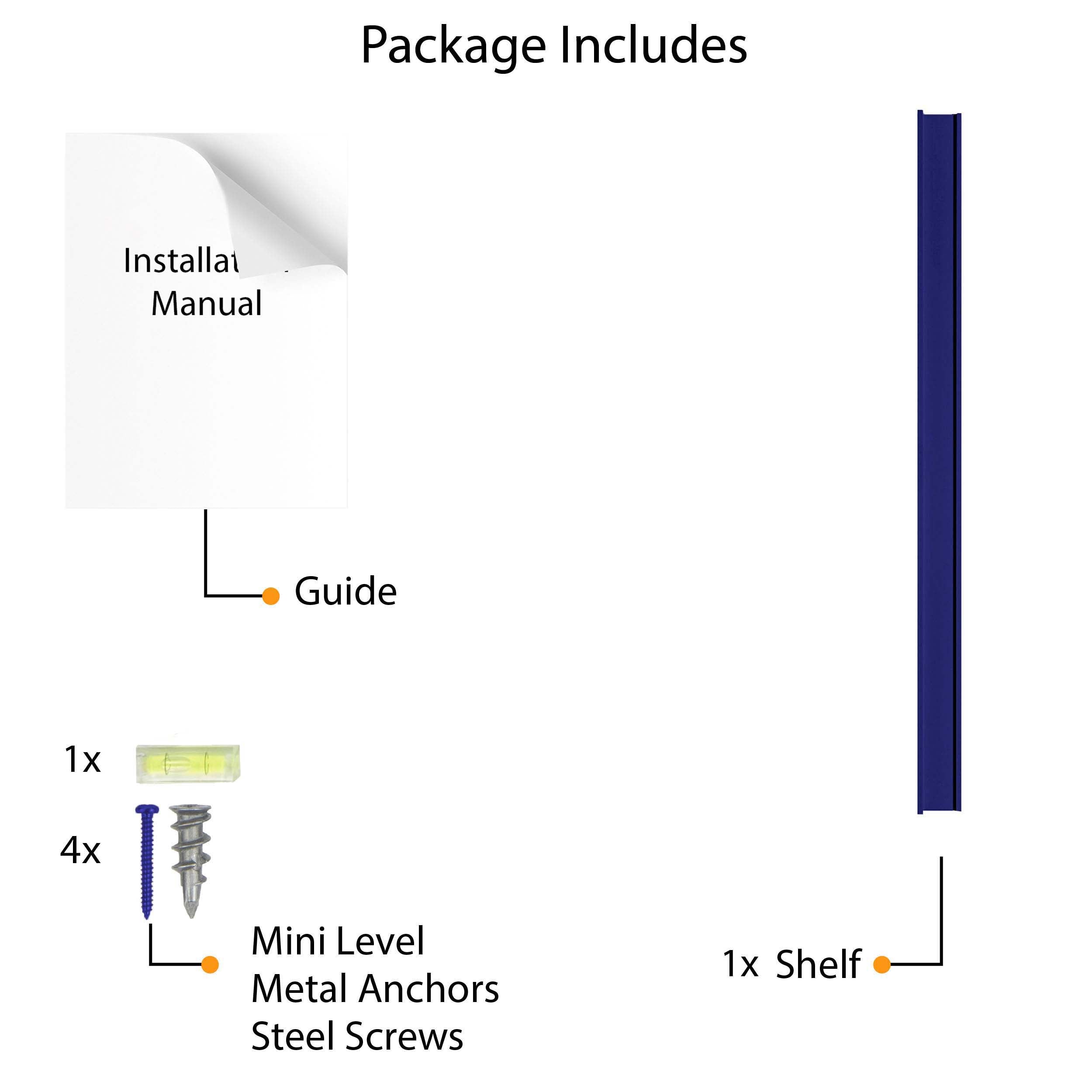 A detailed diagram what is included in the package when purchasing the shelf. It shows the shelf, an installation manual, hole stickers, a mini-level, metal anchors, and screws. This visual ensures that customers have all the necessary components for a simple and efficient installation process.