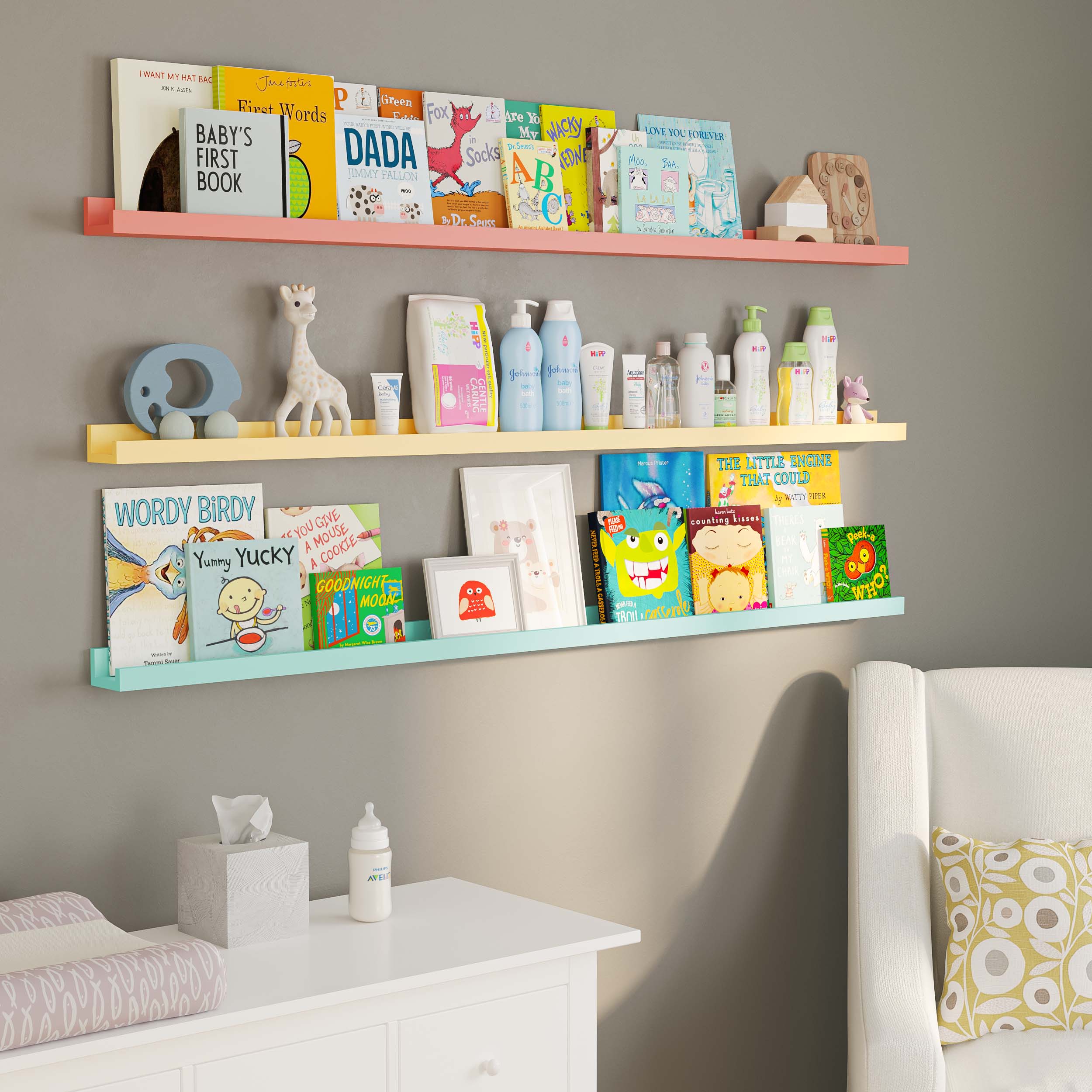 a nursery room with wall-mounted shelves above a changing table. The shelves are used to store baby essentials like lotions, wipes, and more children's books. The setup is both practical and visually appealing, creating a clean, organized, and functional space for parents. The color coordination of the shelves adds a soft, welcoming feel to the nursery.