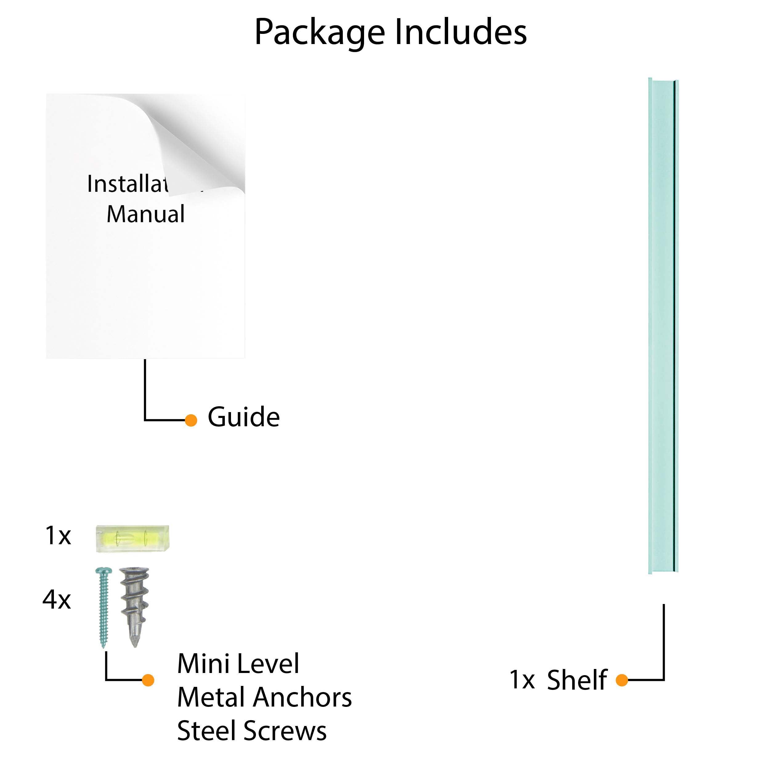 A detailed diagram what is included in the package when purchasing the shelf. It shows the shelf, an installation manual, hole stickers, a mini-level, metal anchors, and screws. This visual ensures customers know exactly what to expect in terms of installation components, making the setup process straightforward.