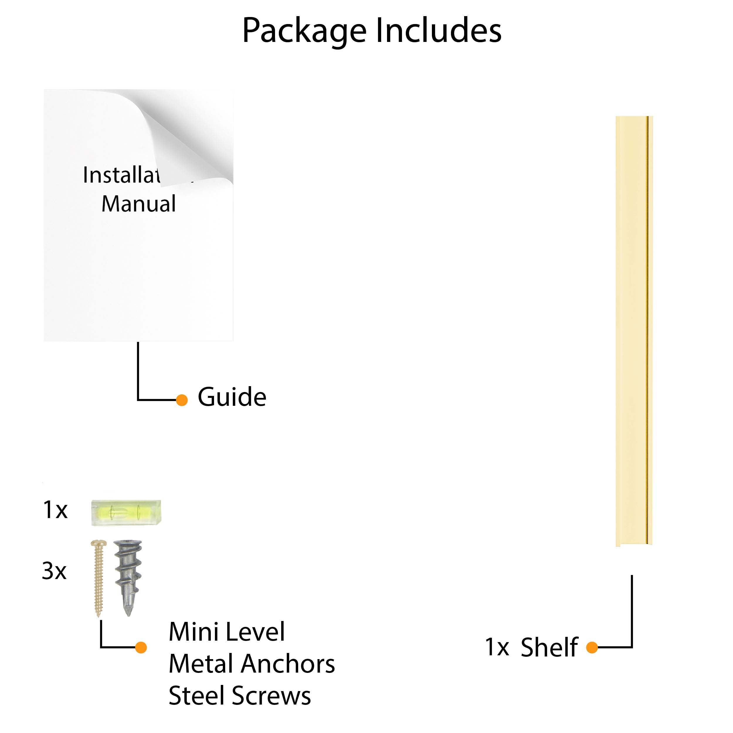 Contents included in the package when purchasing the "Solice Yellow" shelf. The package includes an installation manual, three metal anchors, three steel screws, a mini level, hole stickers, and the shelf itself. These components ensure that customers have everything they need for easy installation.