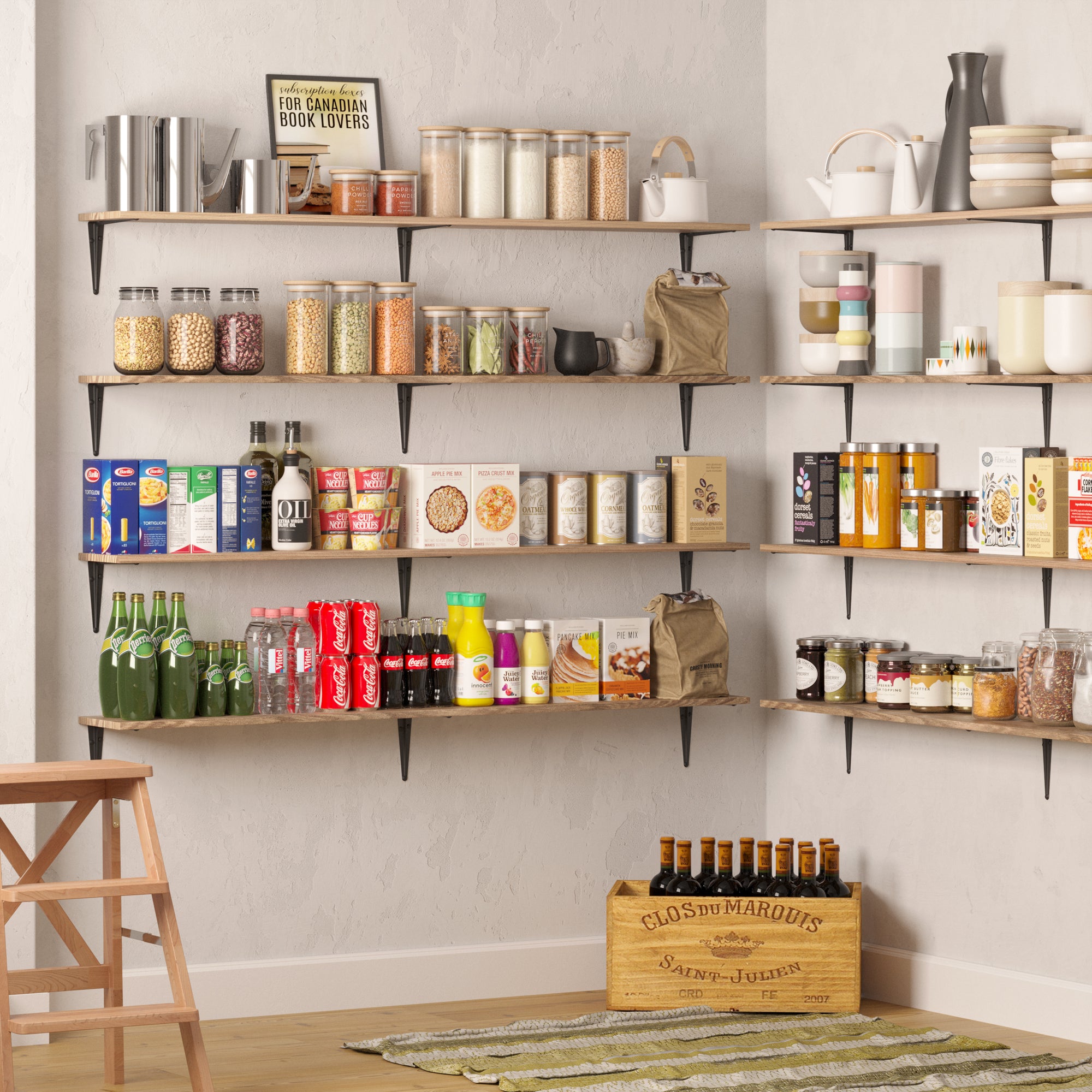 Multiple burnt shelves for wall storage filled with a variety of household items like books, canned foods, and decoratives, creating a practical and attractive storage space.