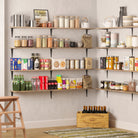 Functional kitchen storage shelves fully stocked with dry goods, canned foods, drinks, and kitchen containers—creating a highly organized and visually rich pantry corner.