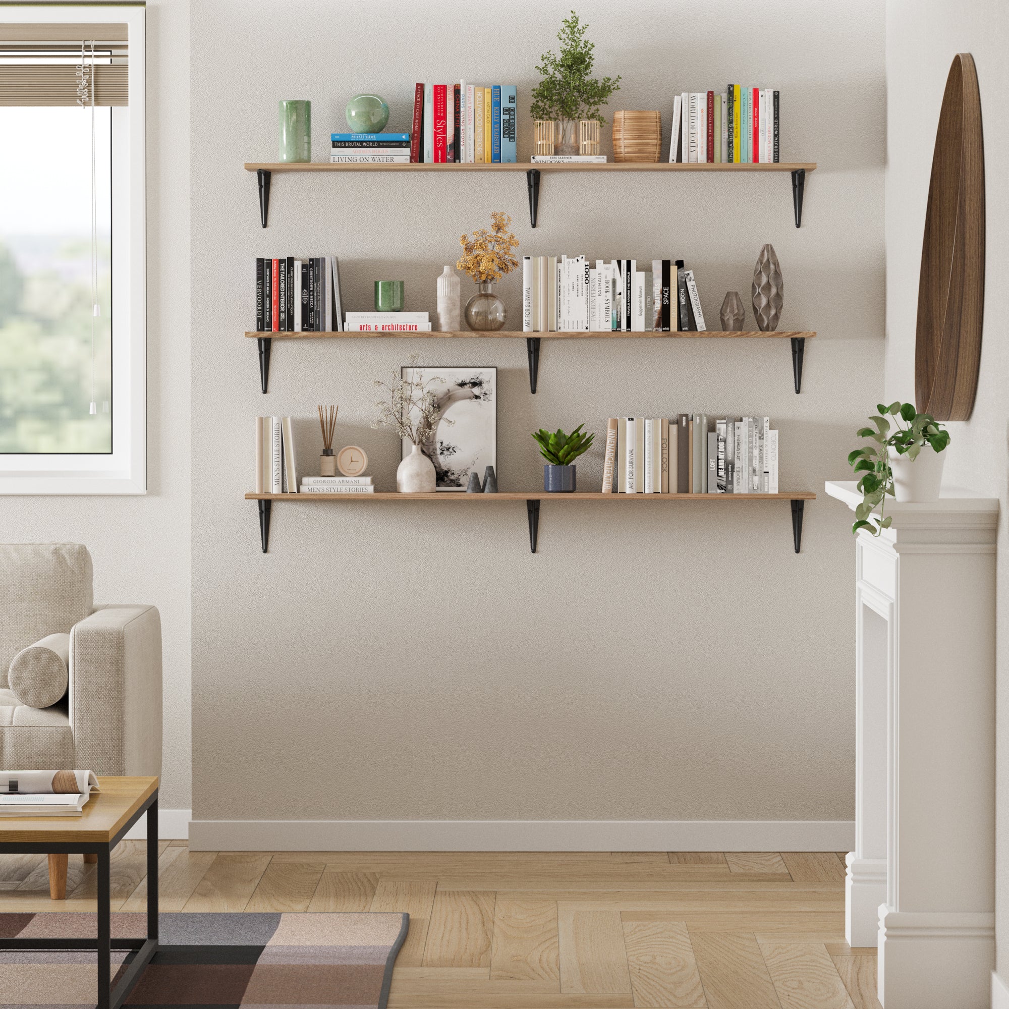 Rustic shelves with books and various decorative items in a chic living room corner, enhancing the space's elegance.