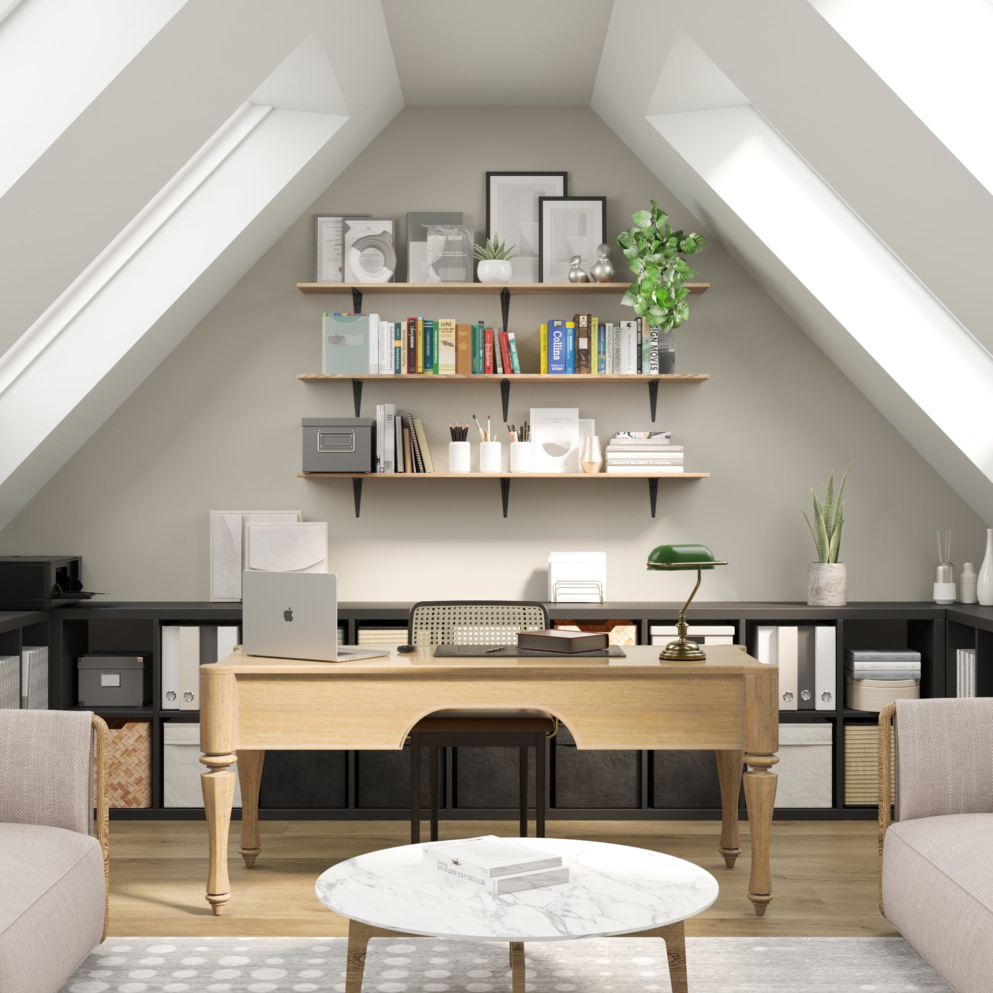 A neatly organized attic office space with burnt color office shelves holding books and supplies, creating a productive environment.