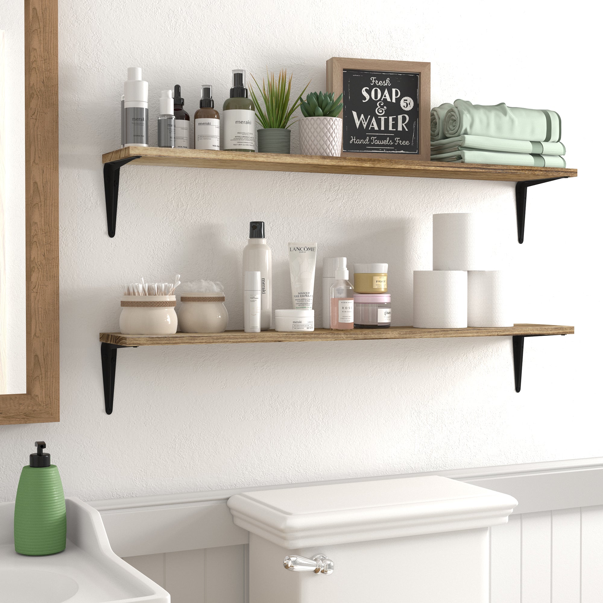 Bathroom setting with two bathroom wall shelves filled with towels, soaps, and bathroom essentials.