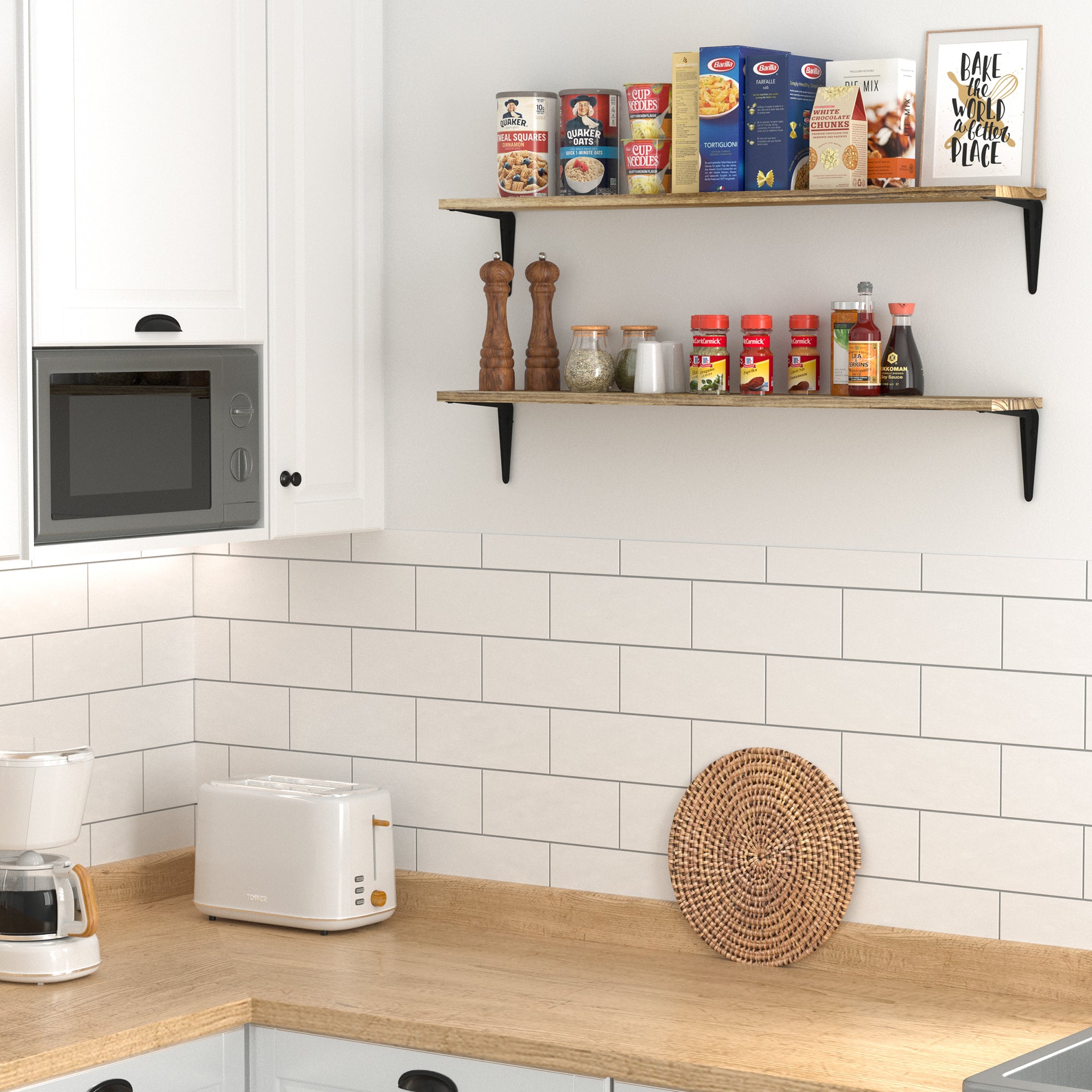 Kitchen setting with kitchen storage shelves burnt displaying food items, kitchen tools, and decorative sign.