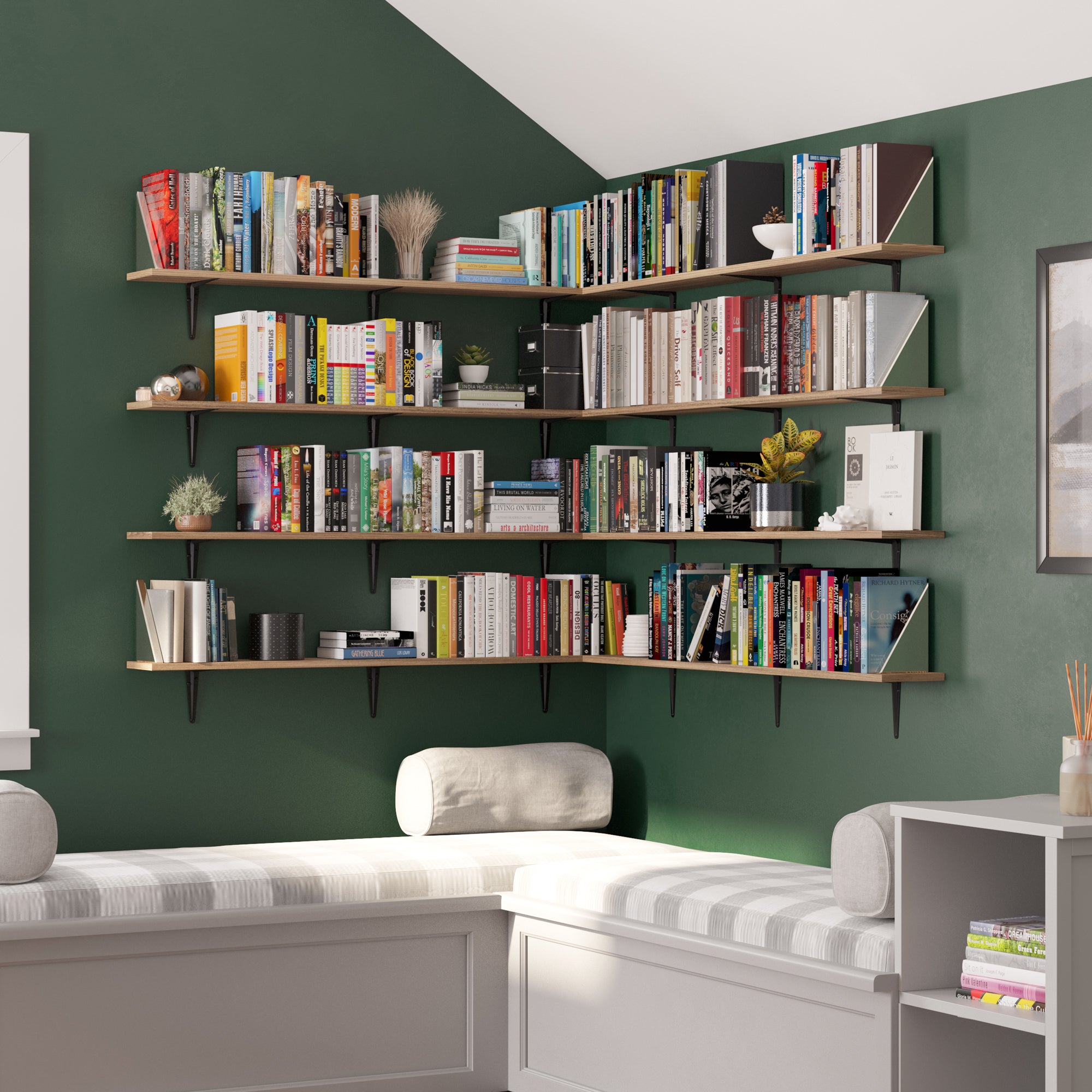 A dramatic wall-to-wall corner library with multiple long rustic shelves, fully stacked with books. Ideal for avid readers or a stylish study space.