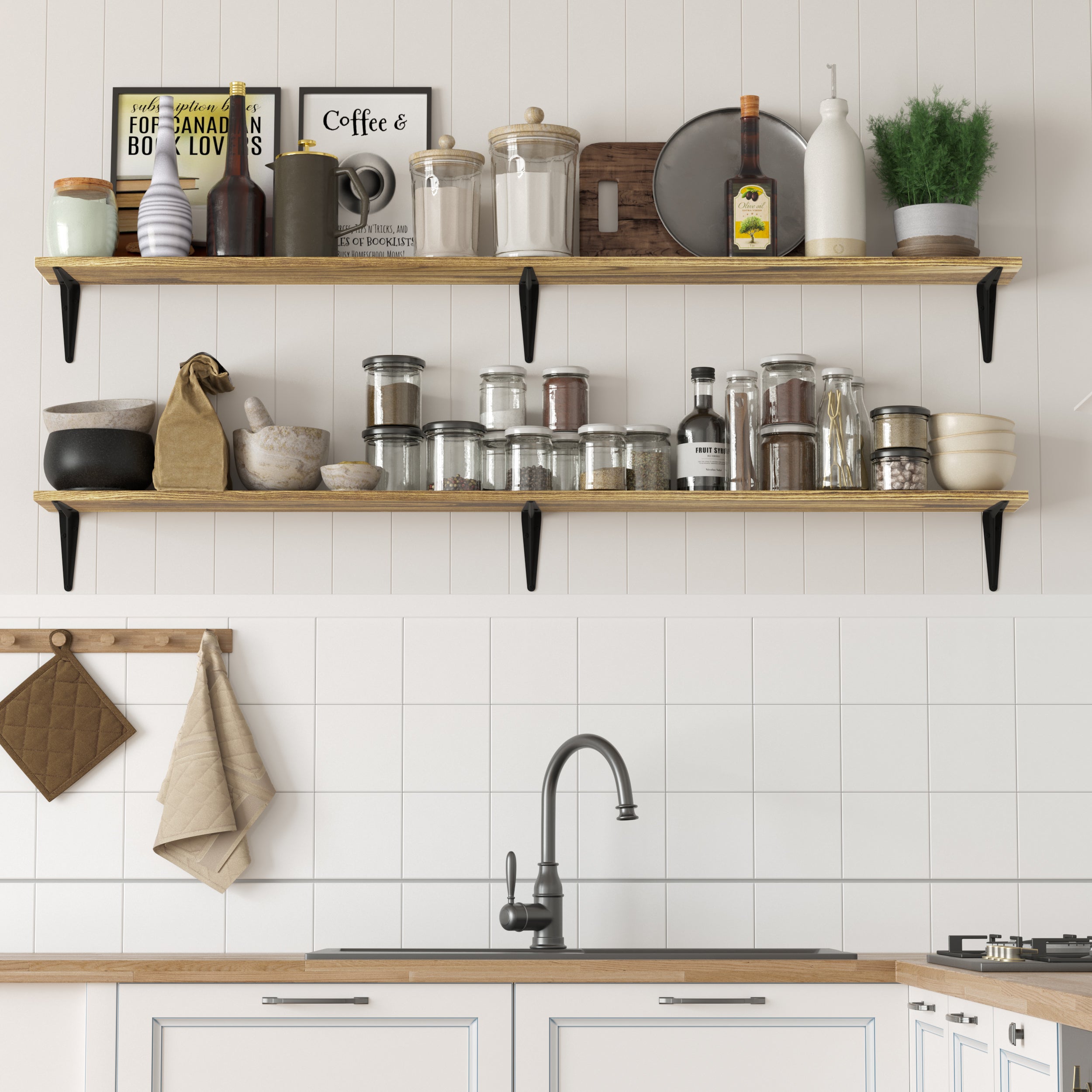 Rustic kitchen shelves filled with clear jars, pantry items, and decor. A beautiful blend of functionality and farmhouse charm, perfect for organized and stylish kitchen storage.