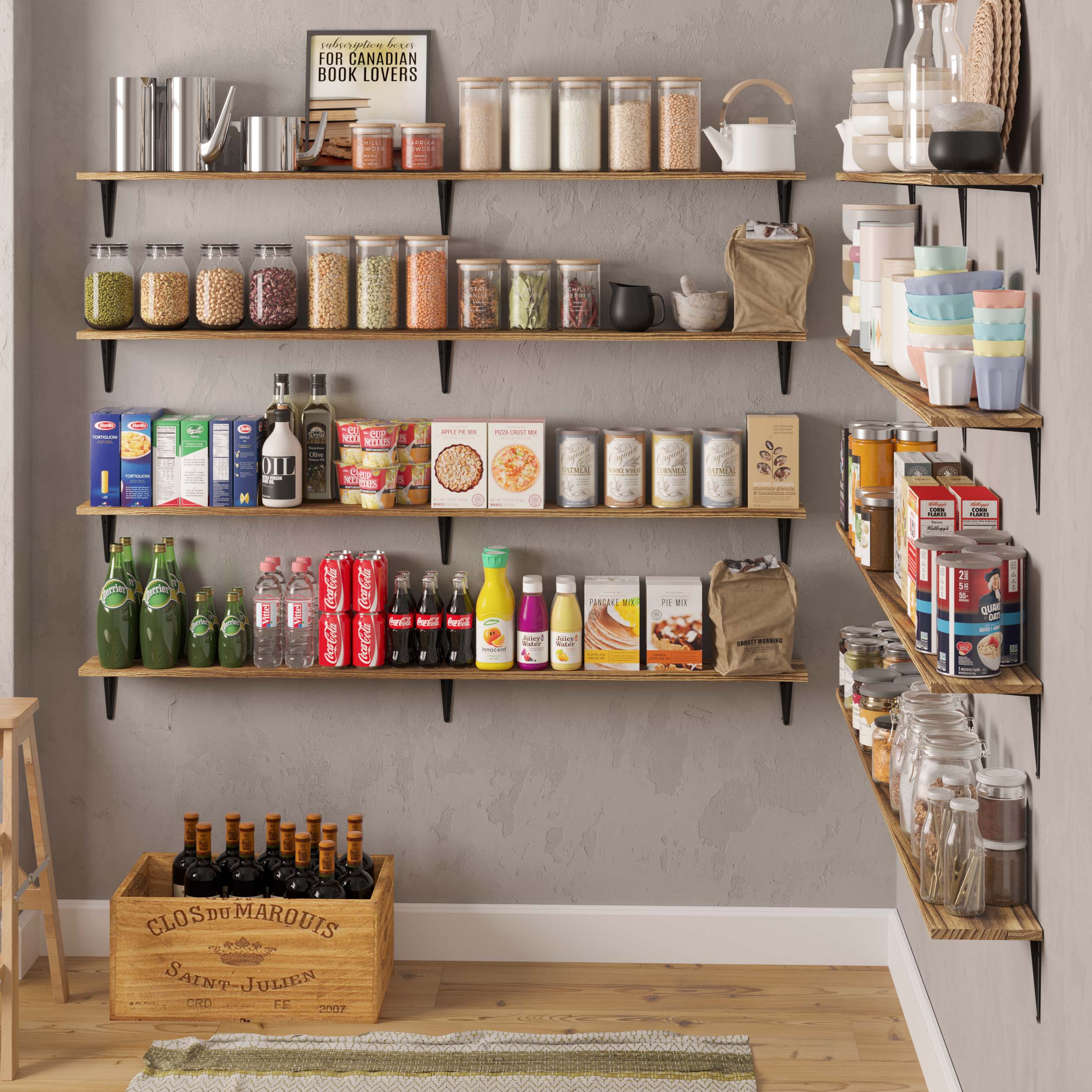 Well-organized pantry display with wall-mounted wooden shelves holding dry goods, beverages, jars, and containers. This setup maximizes vertical storage while adding rustic charm and accessibility to any kitchen or utility space.
