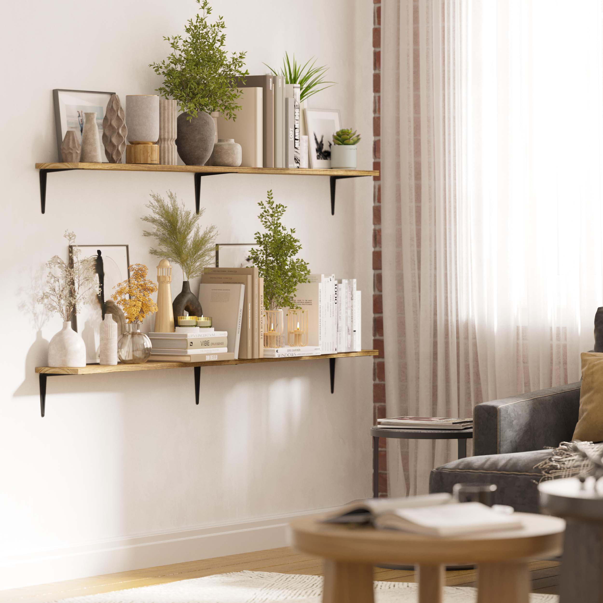 Two-tiered wall bookshelves adorned with vases, plants, and neatly arranged books, creating a warm living space.