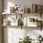 Double living room rustic shelf layout styled with neutral decor, plants, and framed prints. A cozy, inviting corner setup that effortlessly combines style and storage for everyday use.