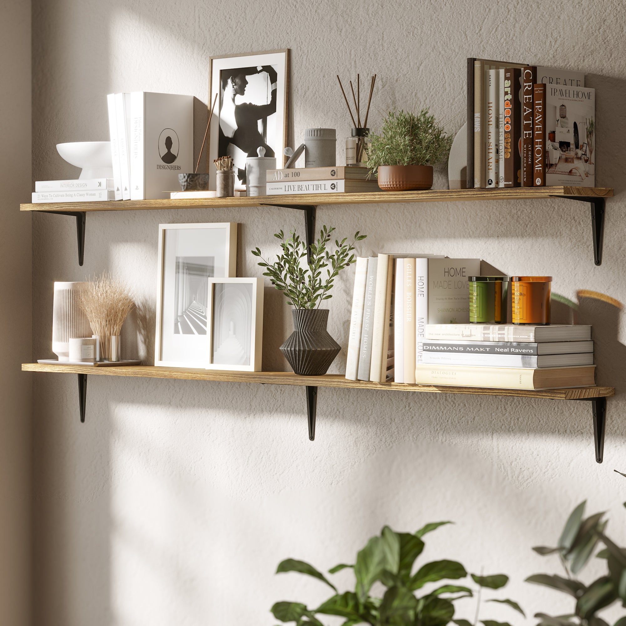 Double living room rustic shelf layout styled with neutral decor, plants, and framed prints. A cozy, inviting corner setup that effortlessly combines style and storage for everyday use.