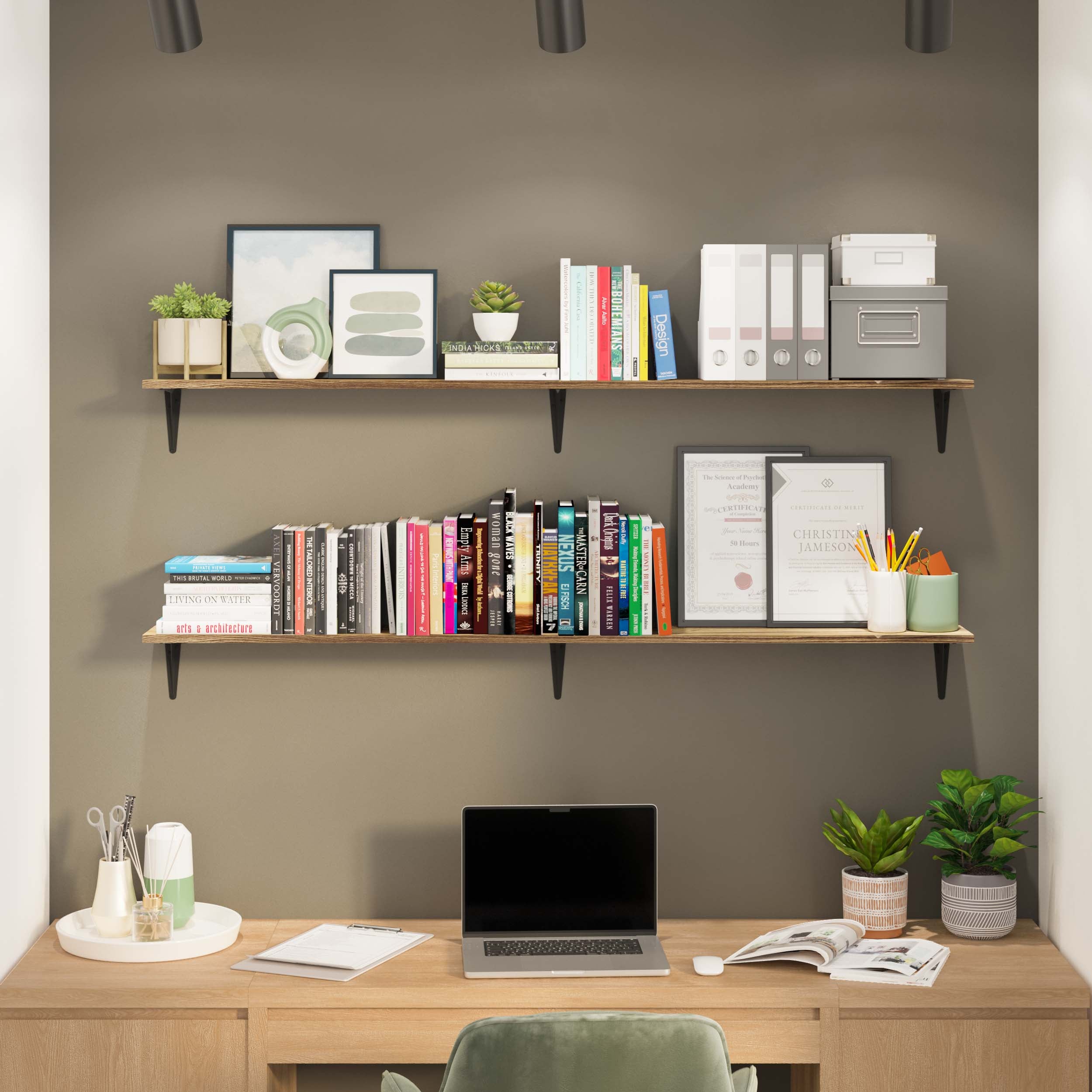 Home office shelves above a desk, neatly organized with books, office supplies, and decorative plants, enhancing productivity.