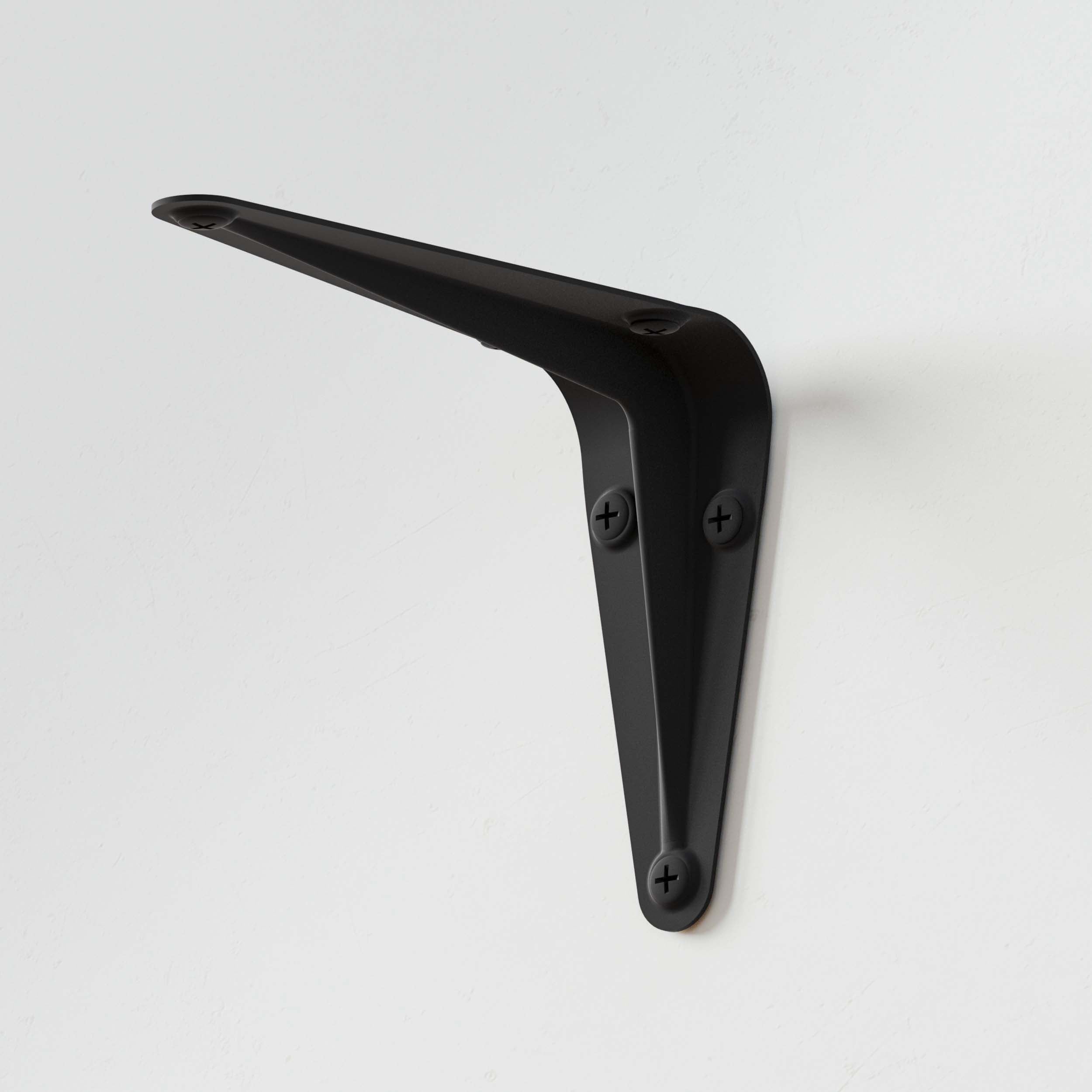 Single black metal bracket for wall-mounted shelves, ideal for home decor and storage solutions.