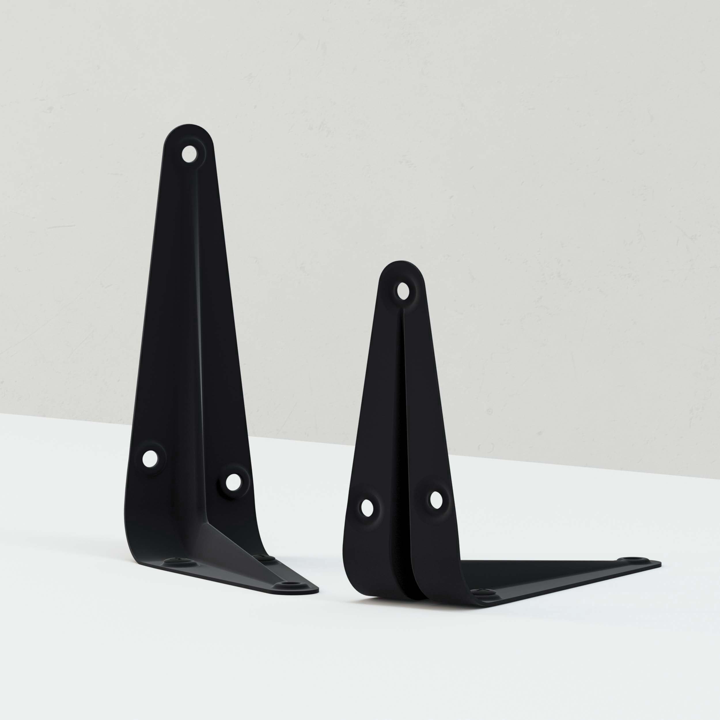 Sturdy black metal heavy duty shelf brackets for wall mounting and DIY shelving projects.