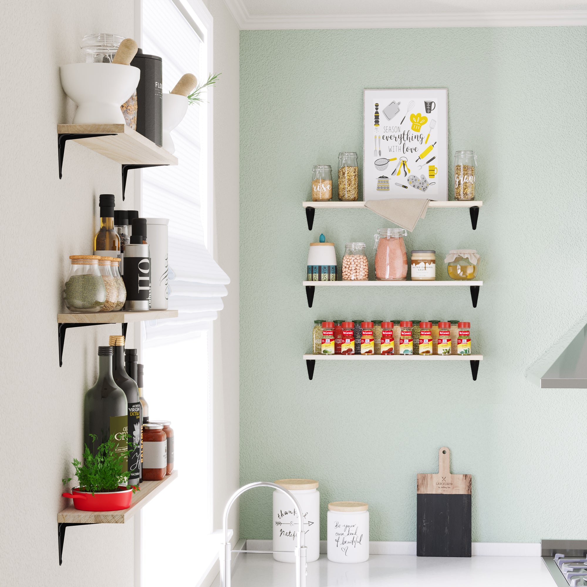 Wall shelves for kitchen storage with spices and jars on wooden shelves with black metal brackets.