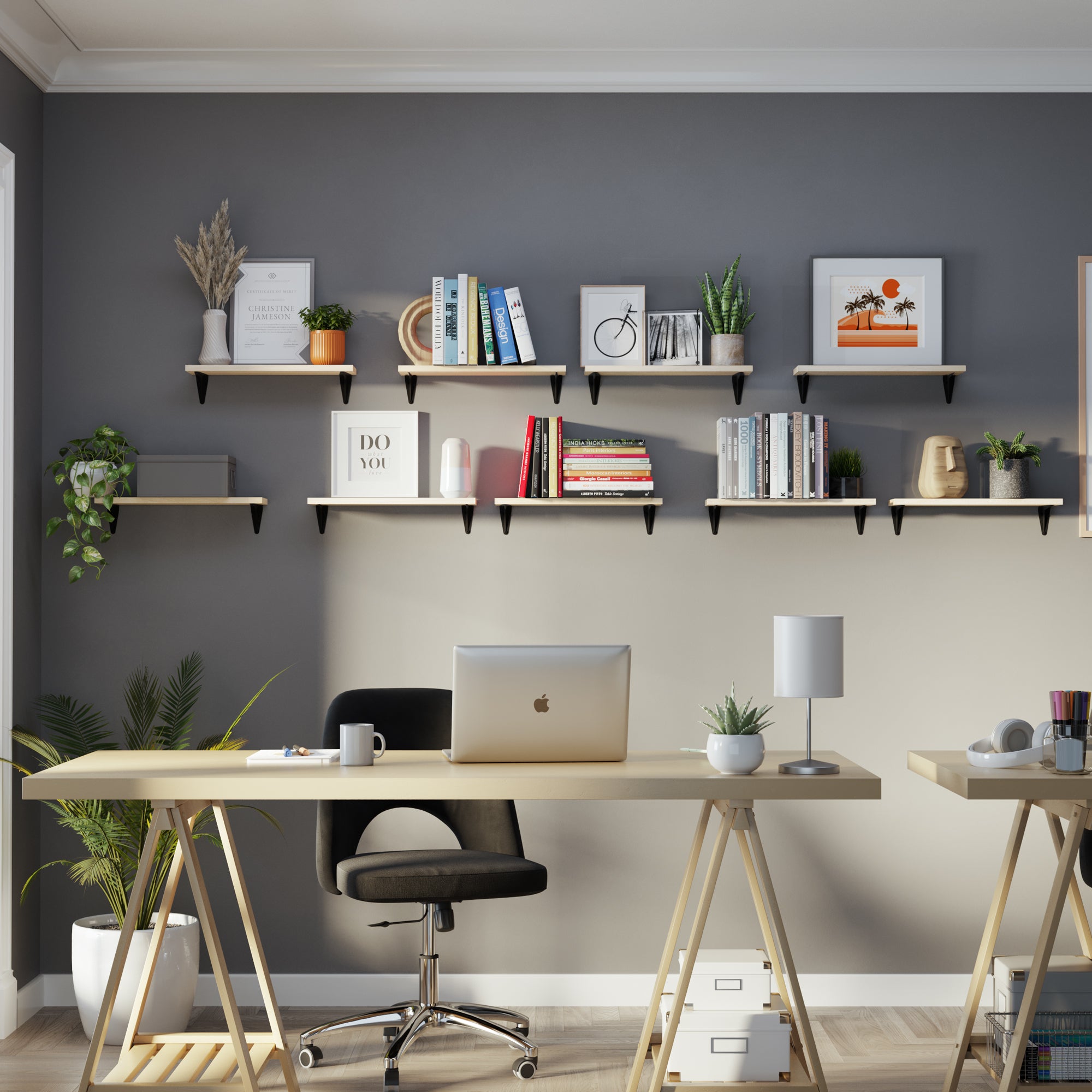 Modern home office with floating organizer shelves supported by black l metal brackets for books and decor.