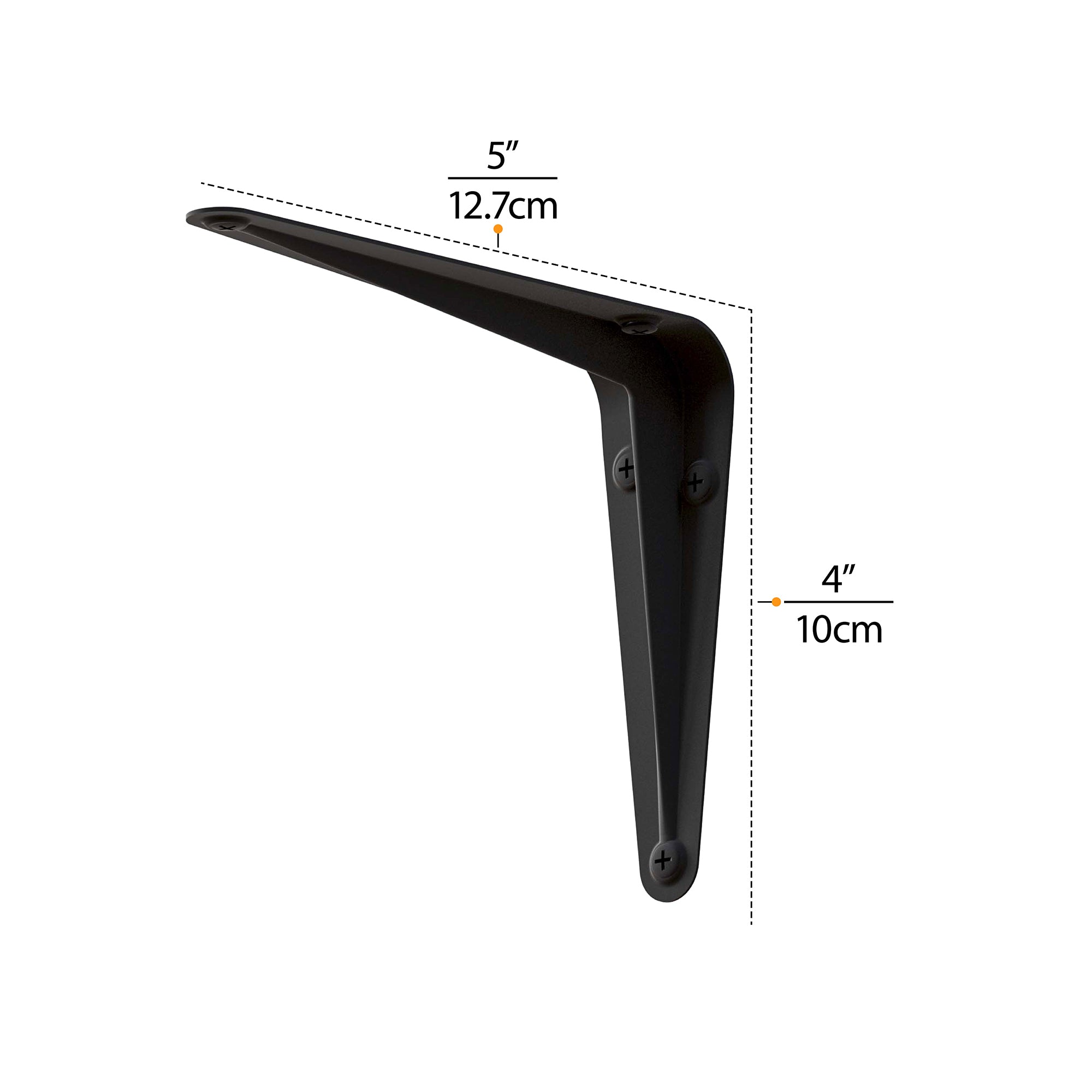 Black metal heavy duty shelf bracket with dimensions 5"x4", perfect for DIY shelving projects.