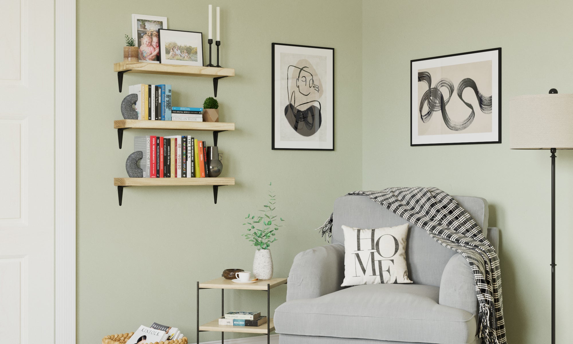 Living room with wall shelves supported by black industrial metal brackets, perfect for displaying books and decor.