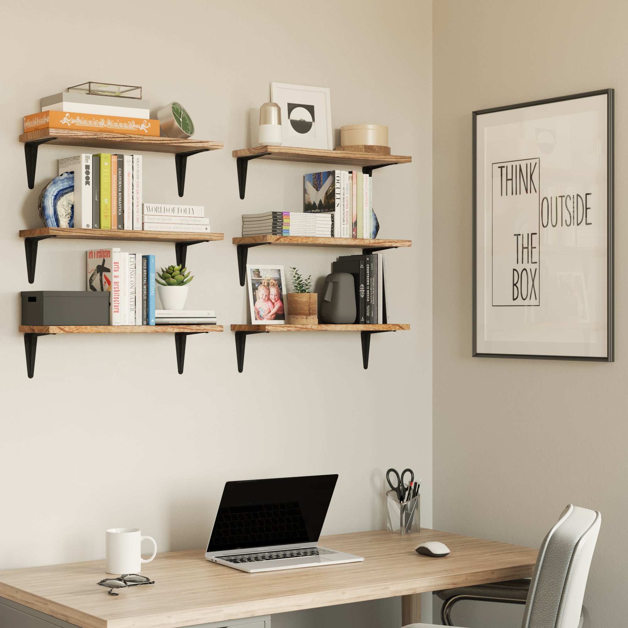 Home office with floating shelves supported by black metal brackets, ideal for books and decor.
