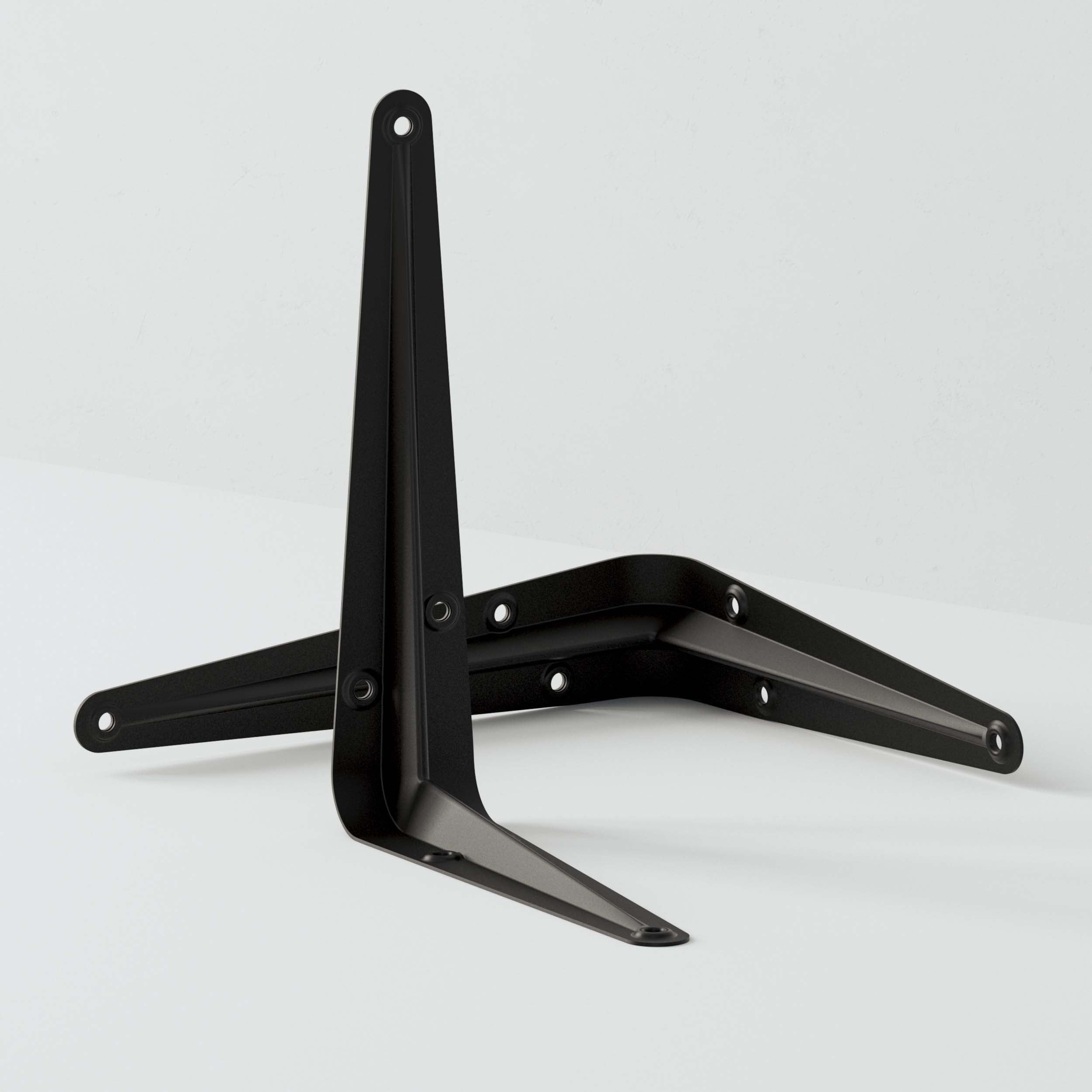 Pair of black heavy duty metal shelf brackets, perfect for DIY custom shelving solutions.