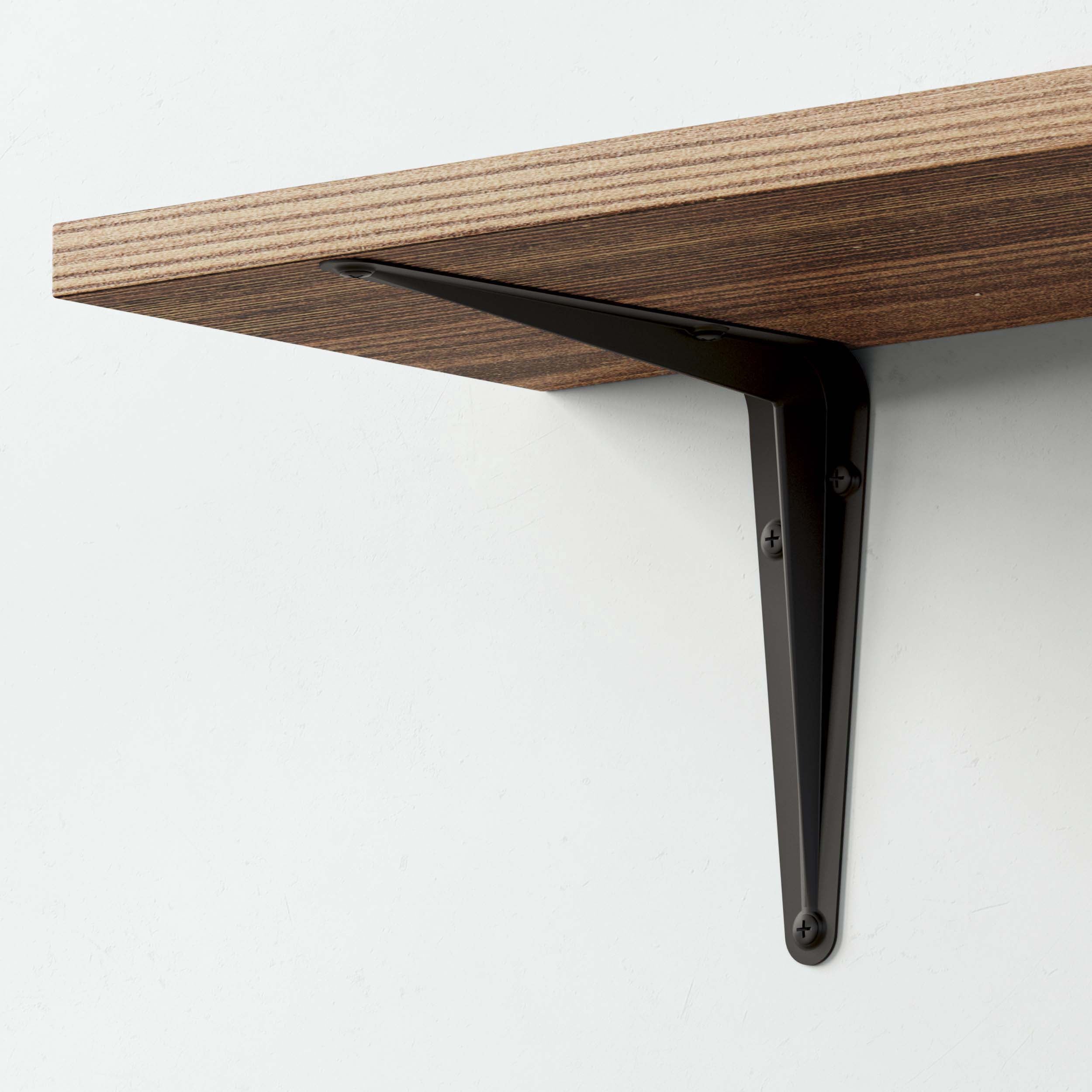 Black metal bracket supporting a wooden shelf, ideal for sturdy wall-mounted shelving.