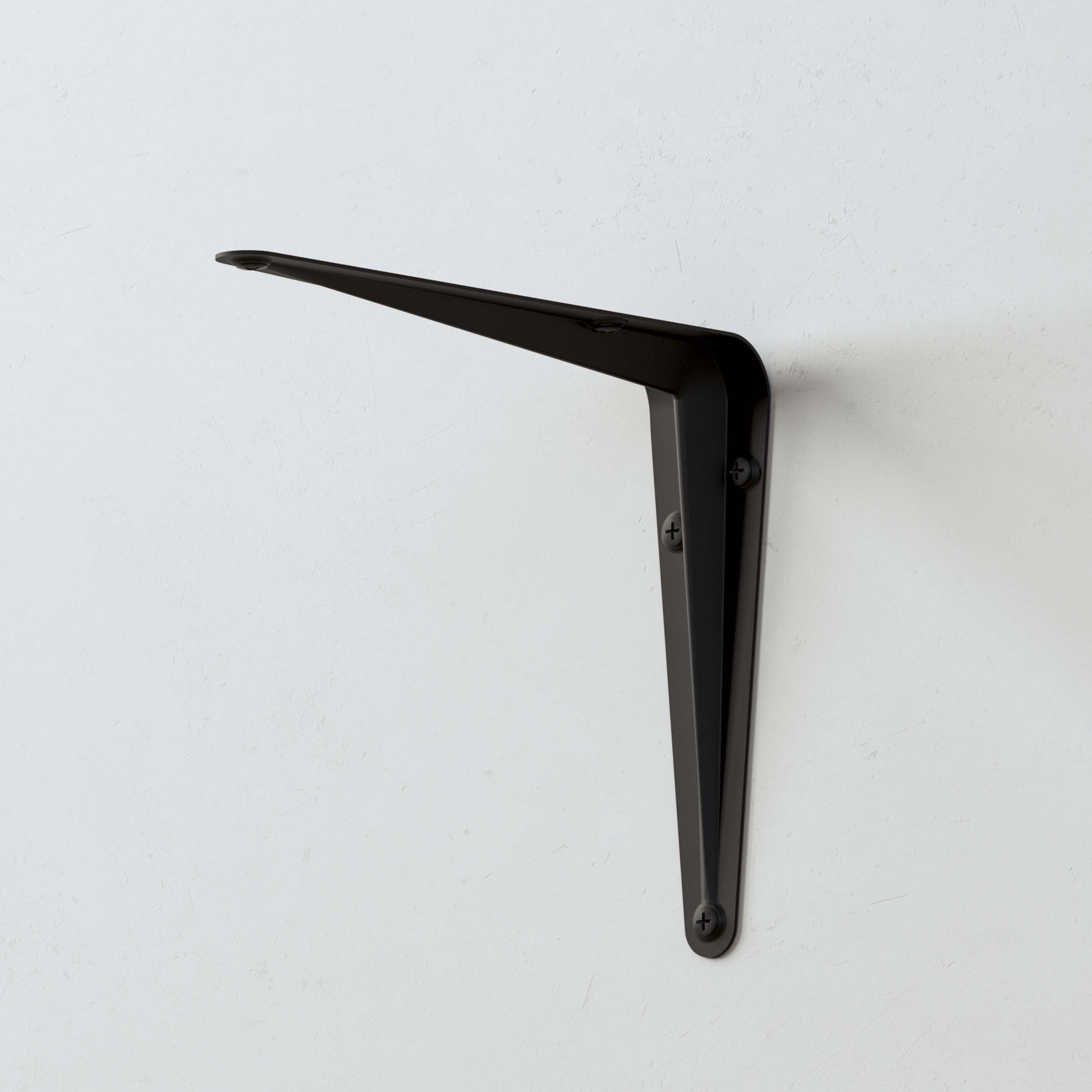 Durable black metal shelf bracket for reliable wall-mounted shelving.