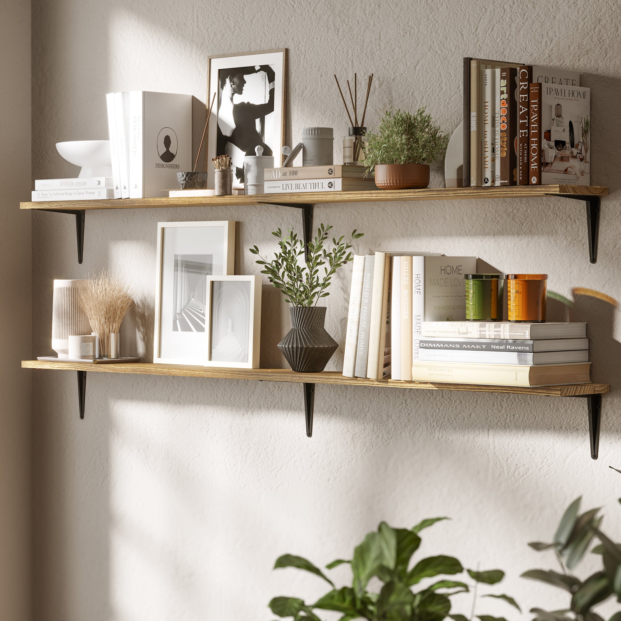 Living room with floating shelves supported by black metal brackets, perfect for stylish storage.