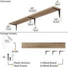 Detailed illustration showing the dimensions and contents of an 60 inch floating shelf burnt kit including screws, brackets, and an installation guide.