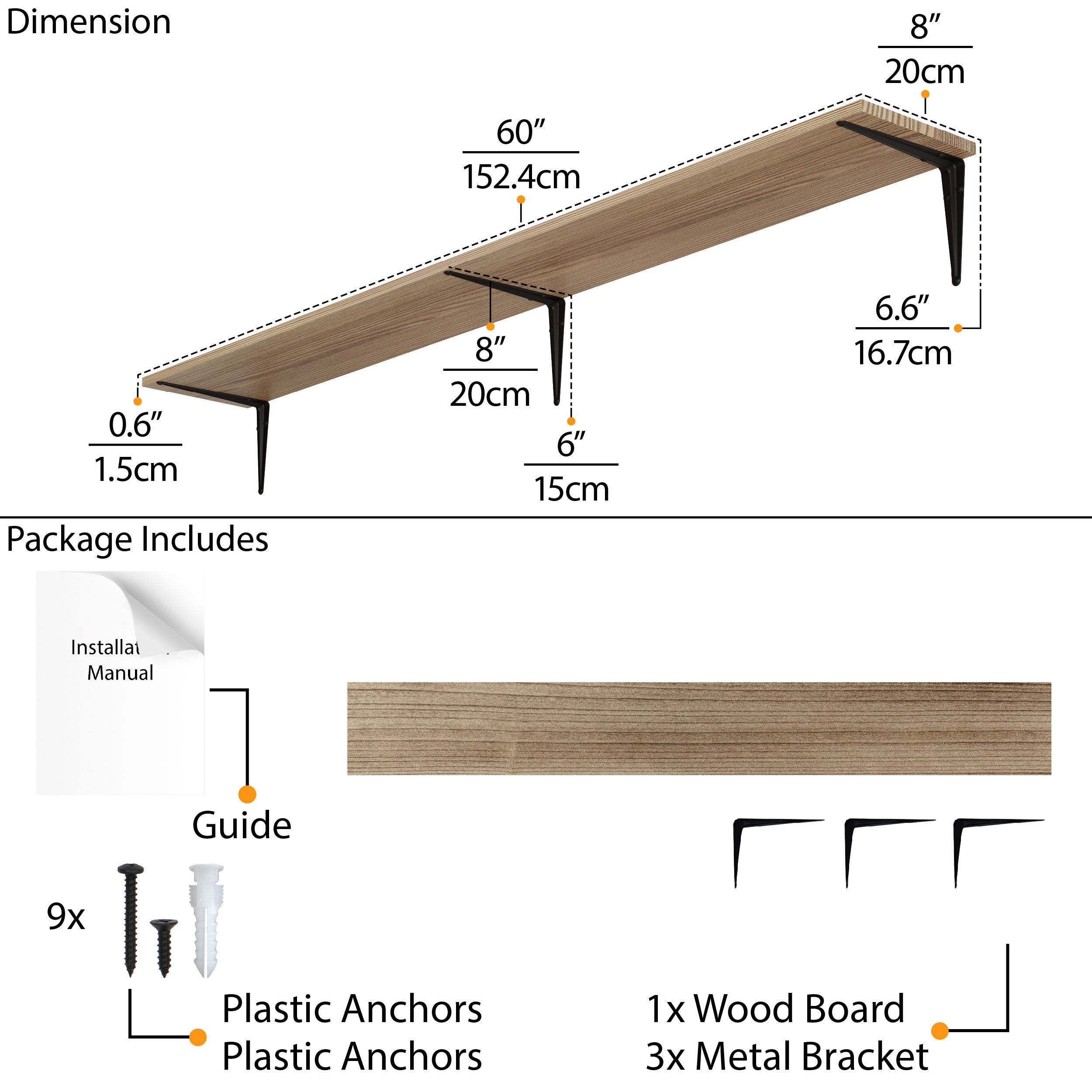 Detailed illustration showing the dimensions and contents of an 60 inch floating shelf burnt kit including screws, brackets, and an installation guide.