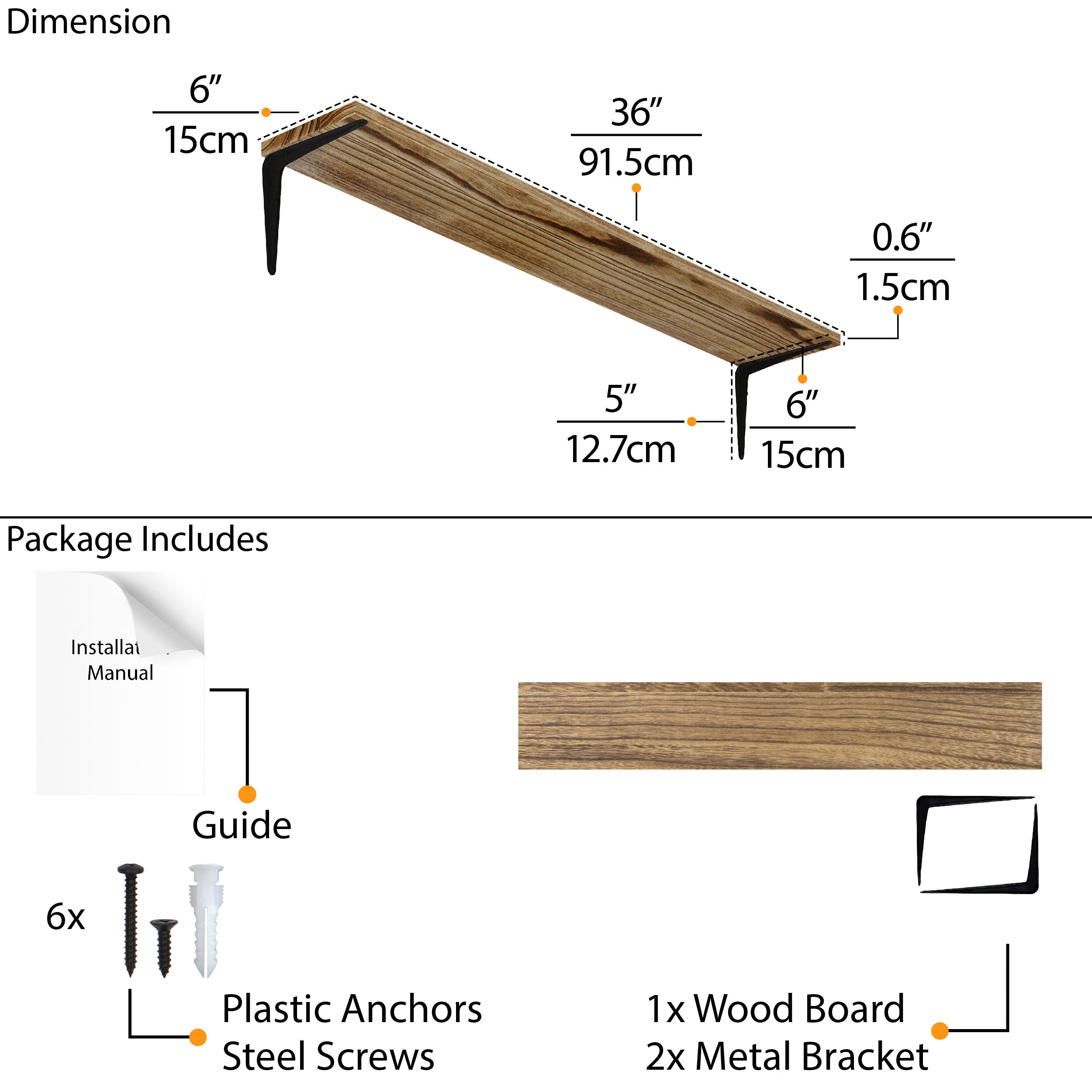 Diagram showing the dimensions and components of a  36'' heavy duty shelf burnt with metal brackets and installation kit.