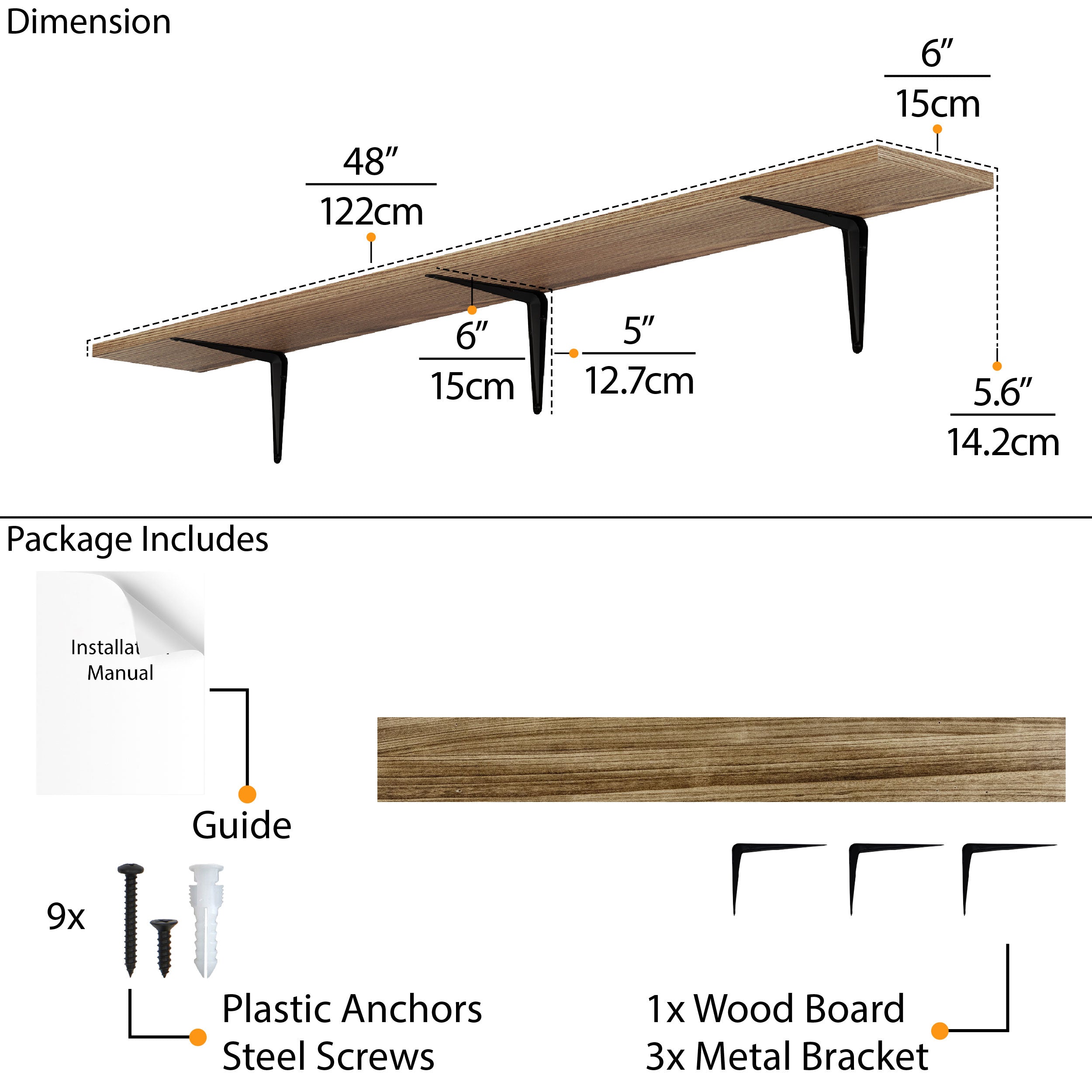 Detailed display of a 60'' rustic shelf's dimensions and included mounting hardware, useful for installation.