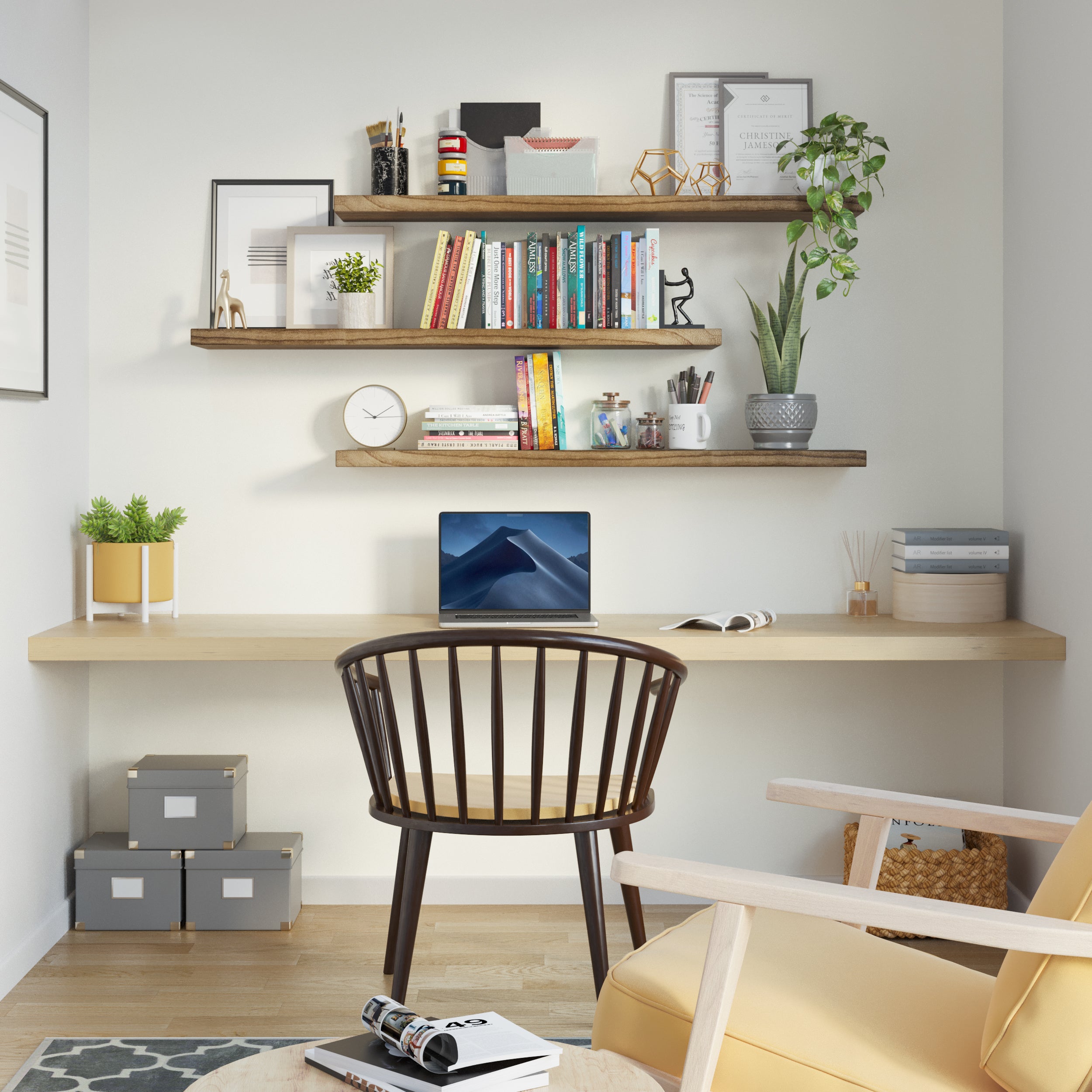 Three floating wall shelves mounted above a home office desk display books, plants, and office décor. The layout is neat yet visually dynamic, adding charm and utility to a productive work-from-home setting.