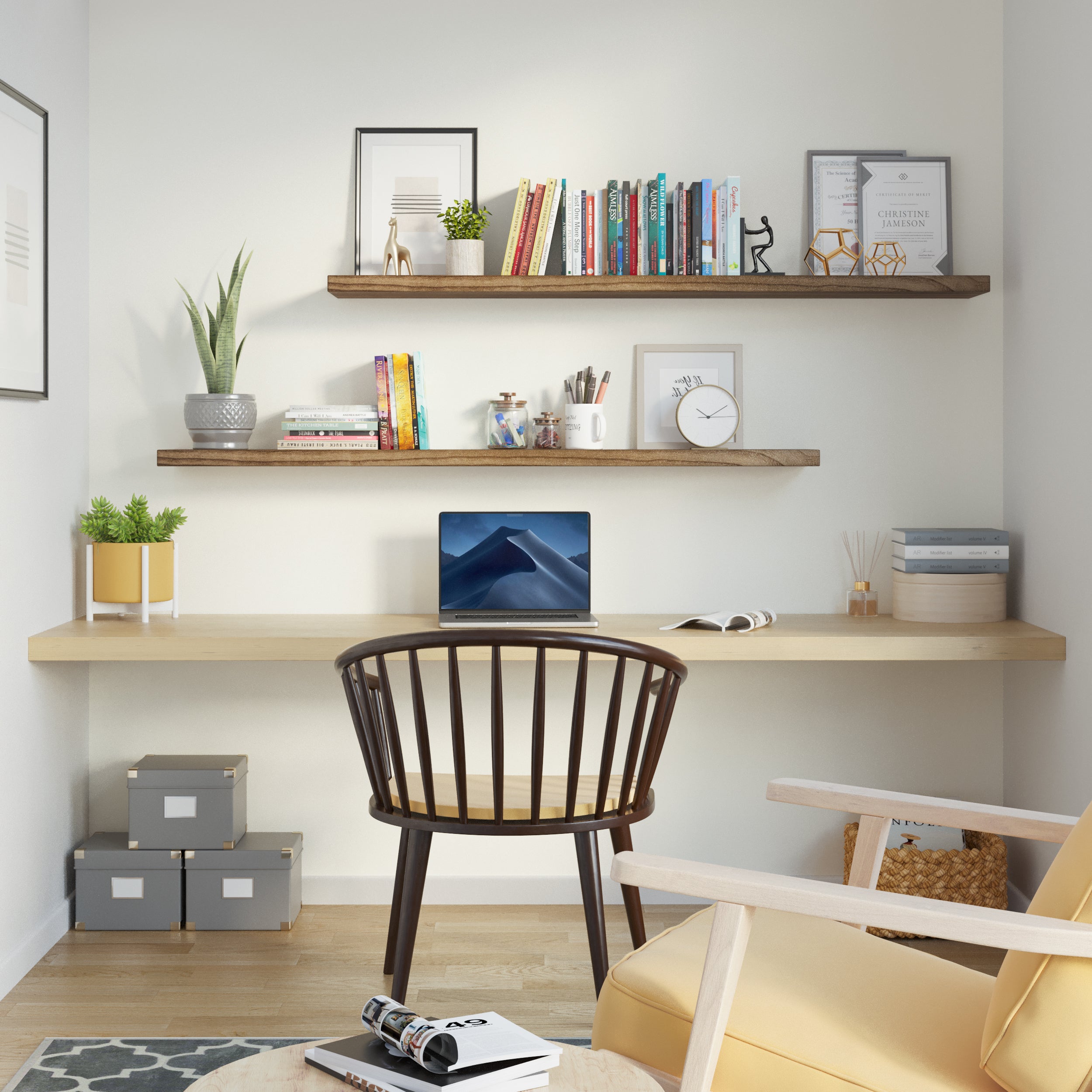 A compact home office setup features two inch thick wood floating shelves above a built-in desk. Decorated with books, clocks, and planters, the shelves add warm texture and functionality to a bright, contemporary workspace.