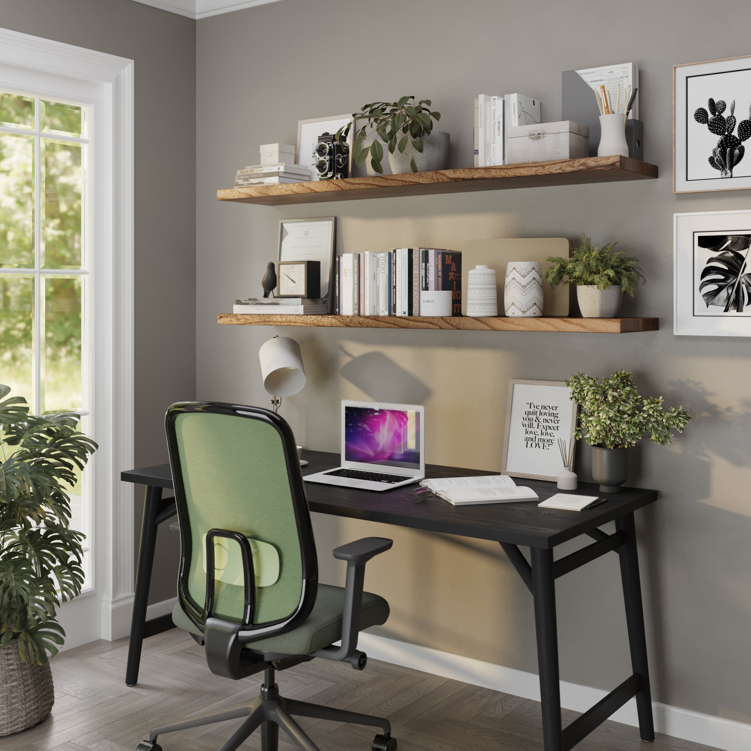 2 floating office shelves with hidden brackets in a rich rustic burnt finish in a cozy home office decor, the shelves display books, clock, bird sculpture, camera, office files and vintage art frames