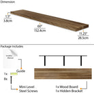 A package content including 60" long, 11.25" deep, and 1.5" thick wood board, and contents as 1x mini level, 8x steel screws, 1x wood board, and 1x hidden bracket