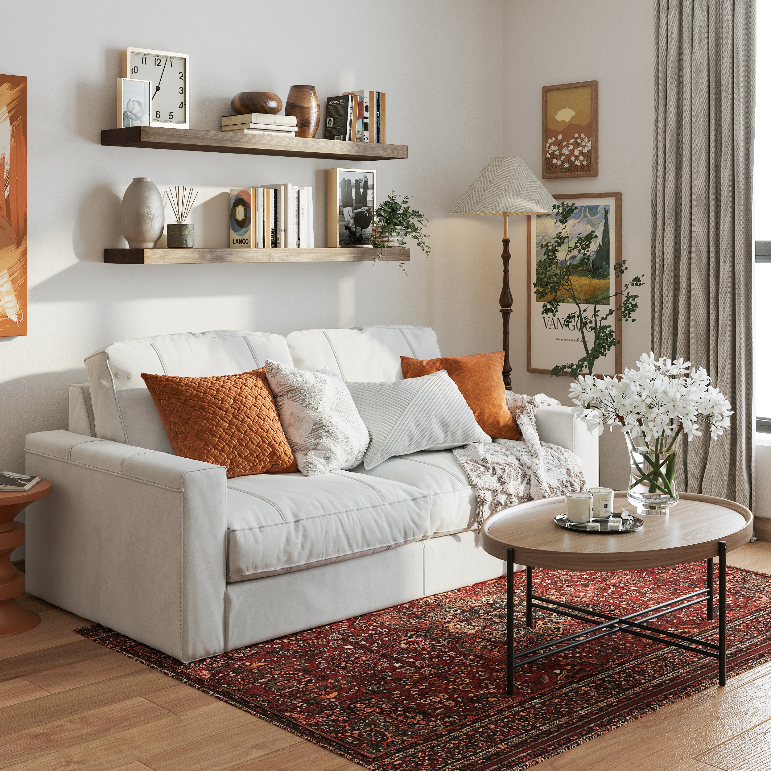 Two 48 inch long wall bookshelves with invisible brackets in a dark walnut finish styled with books and vases over a cozy white couch. Warm tones and framed art create a welcoming living room aesthetic.