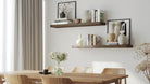 A pair of 48 inch long wall bookshelves living room with invisible brackets in dark walnut finish styled with neutral decor, enhancing a minimal dining space with clean lines and soft natural lighting.