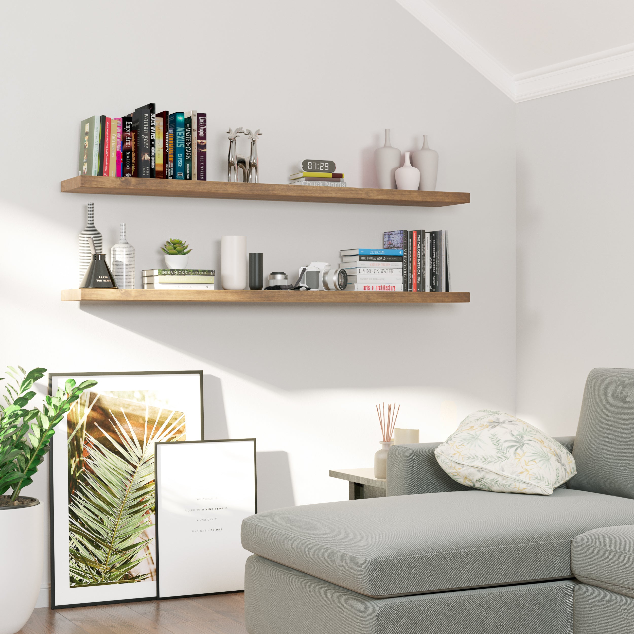 Two 1.5"  thick hidden bracket shelves in a cozy reading nook hold books, vases, and small electronics, enhancing a corner with natural light and relaxed ambiance.