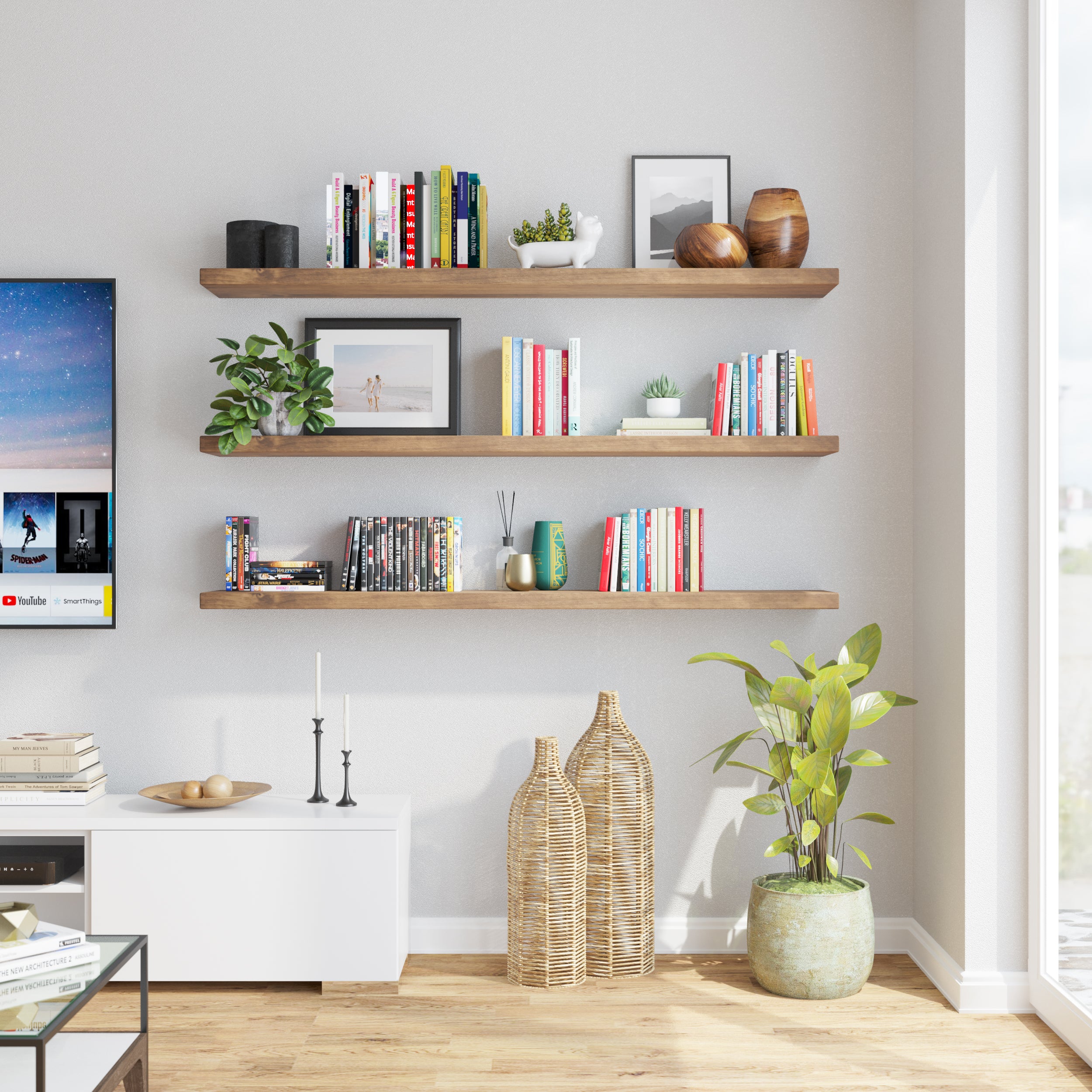 Three 1.5" thick hidden bracket shelves in a cozy reading nook hold books, vases, and small electronics, enhancing a corner with natural light and relaxed ambiance.