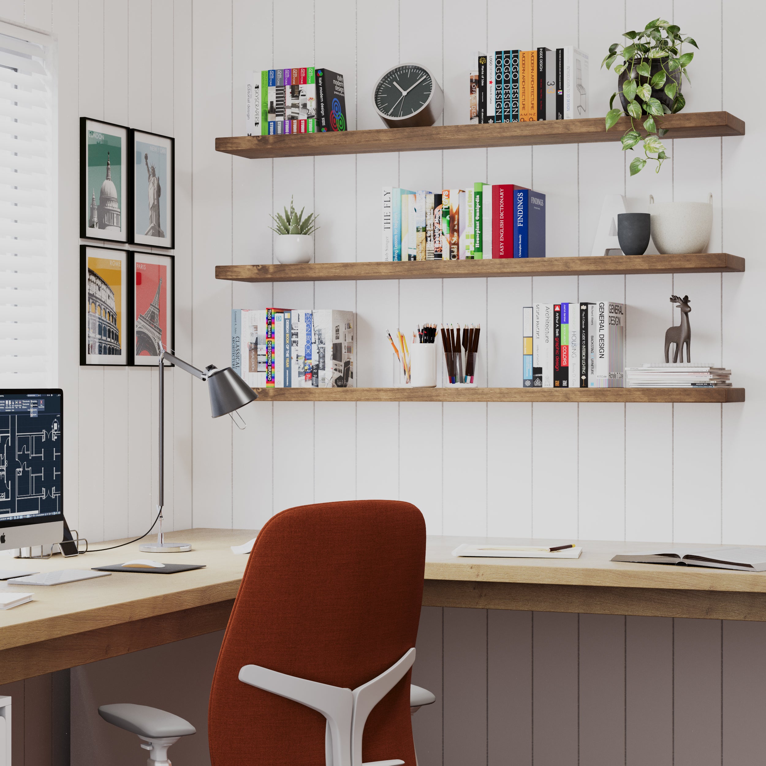 Three rustic office shelves display books, DVDs, plants, and vases in a vibrant and practical living room, blending storage and decoration with ease.