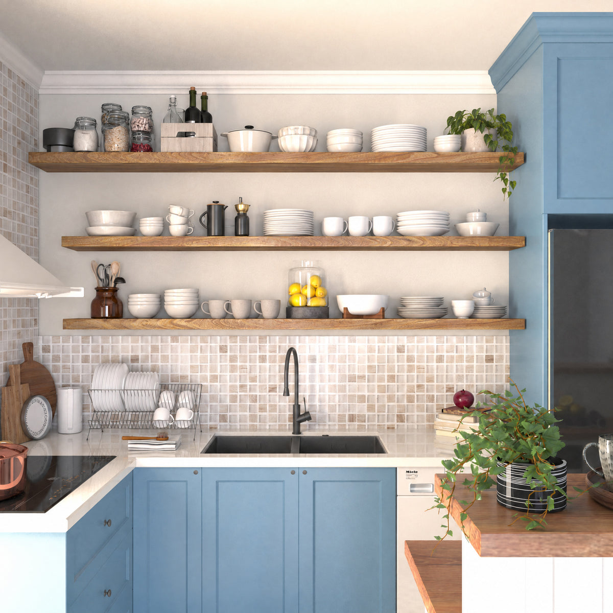 Three 72 inch long floating display shelves with hidden brackets in a rich special walnut finish mounted above a kitchen sink, neatly displaying dishes, jars, and bowls. A practical, modern open storage solution for compact spaces.
