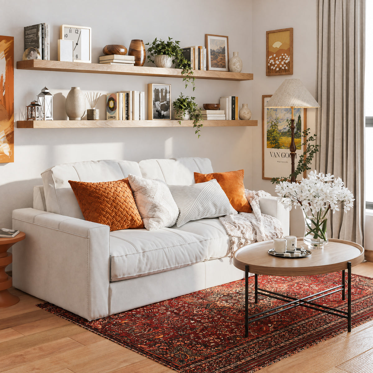 Two 72 inch long floating shelves in a special walnut finish with invisible brackets styled with books and vases over a cozy white couch. Warm tones and framed art create a welcoming living room aesthetic.