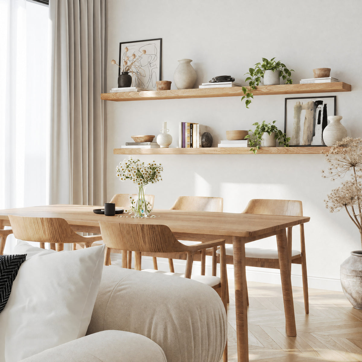 A pair of 72 inch long wall floating shelves for rustic decor with invisible brackets in special walnut finish styled with neutral decor, enhancing a minimal dining space with clean lines and soft natural lighting.