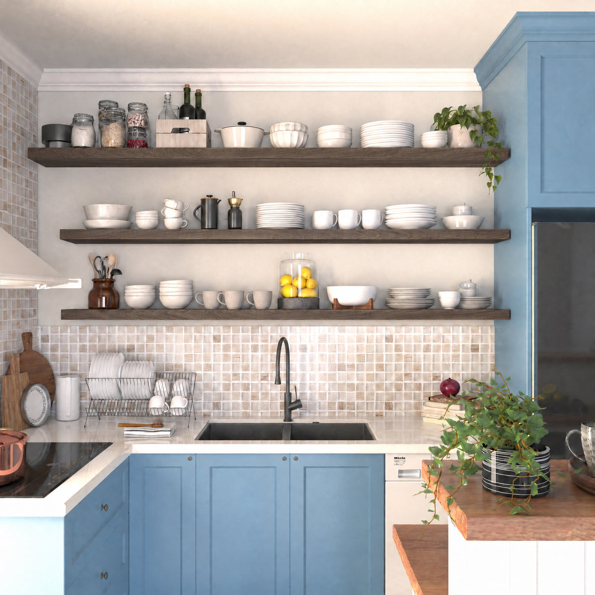 Three 72 inch long floating display shelves with hidden brackets in a rich dark walnut finish mounted above a kitchen sink, neatly displaying dishes, jars, and bowls. A practical, modern open storage solution for compact spaces.