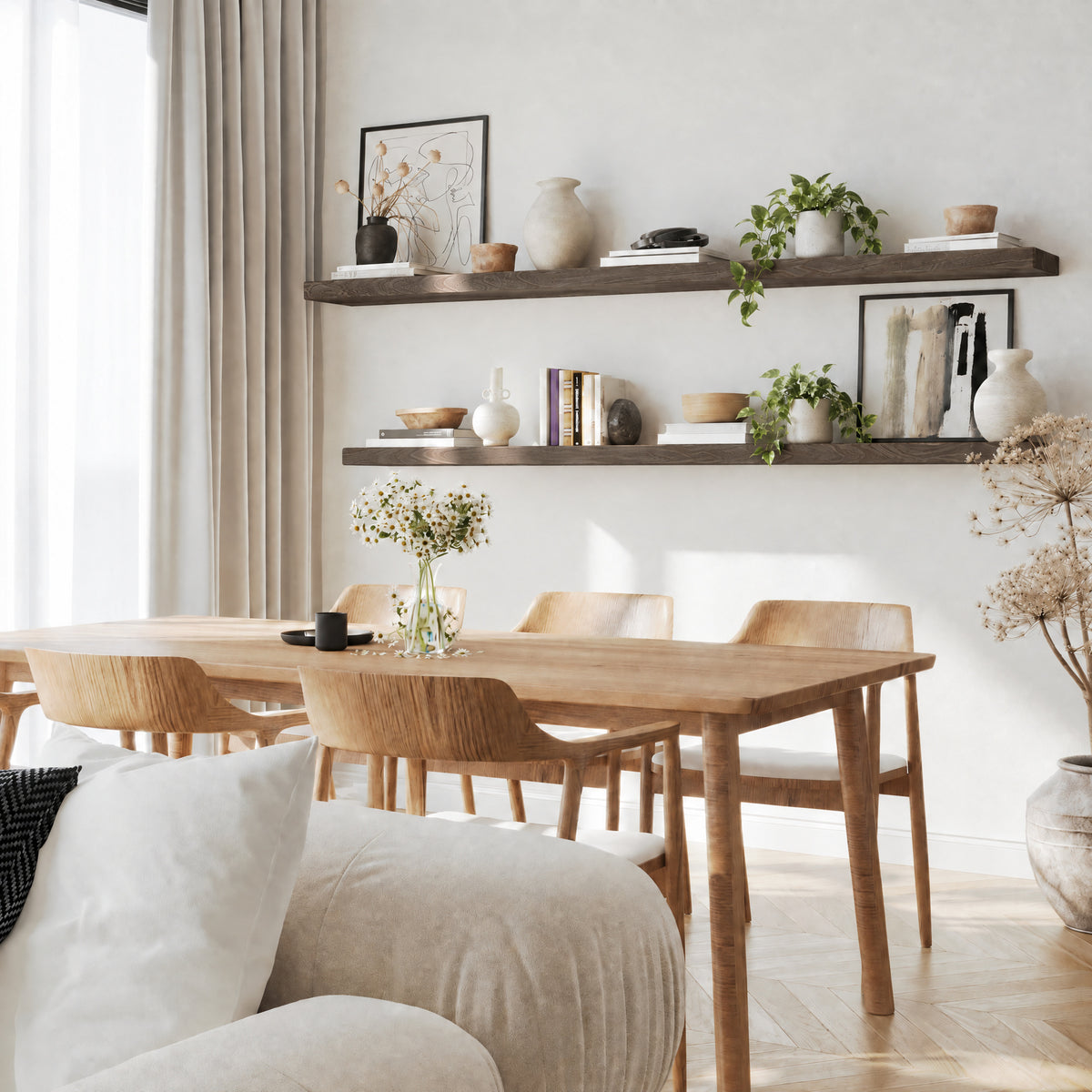 A pair of 72 inch long wall floating shelves for rustic decor with invisible brackets in dark walnut finish styled with neutral decor, enhancing a minimal dining space with clean lines and soft natural lighting.