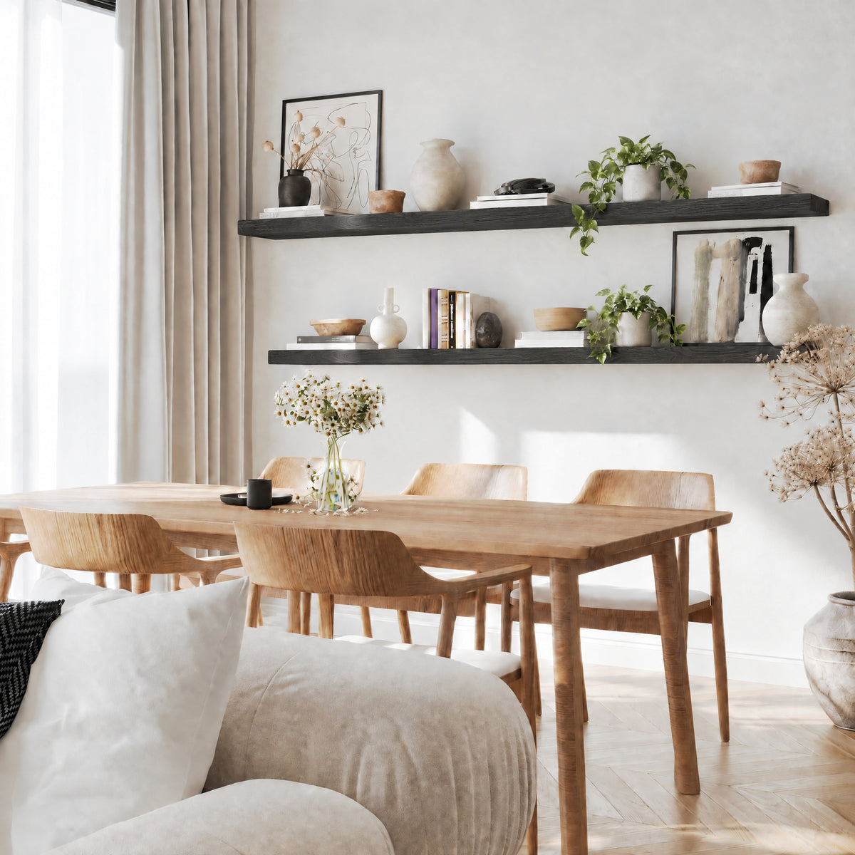 A pair of 72 inch long wall floating shelves for rustic decor with invisible brackets in ebony finish styled with neutral decor, enhancing a minimal dining space with clean lines and soft natural lighting.