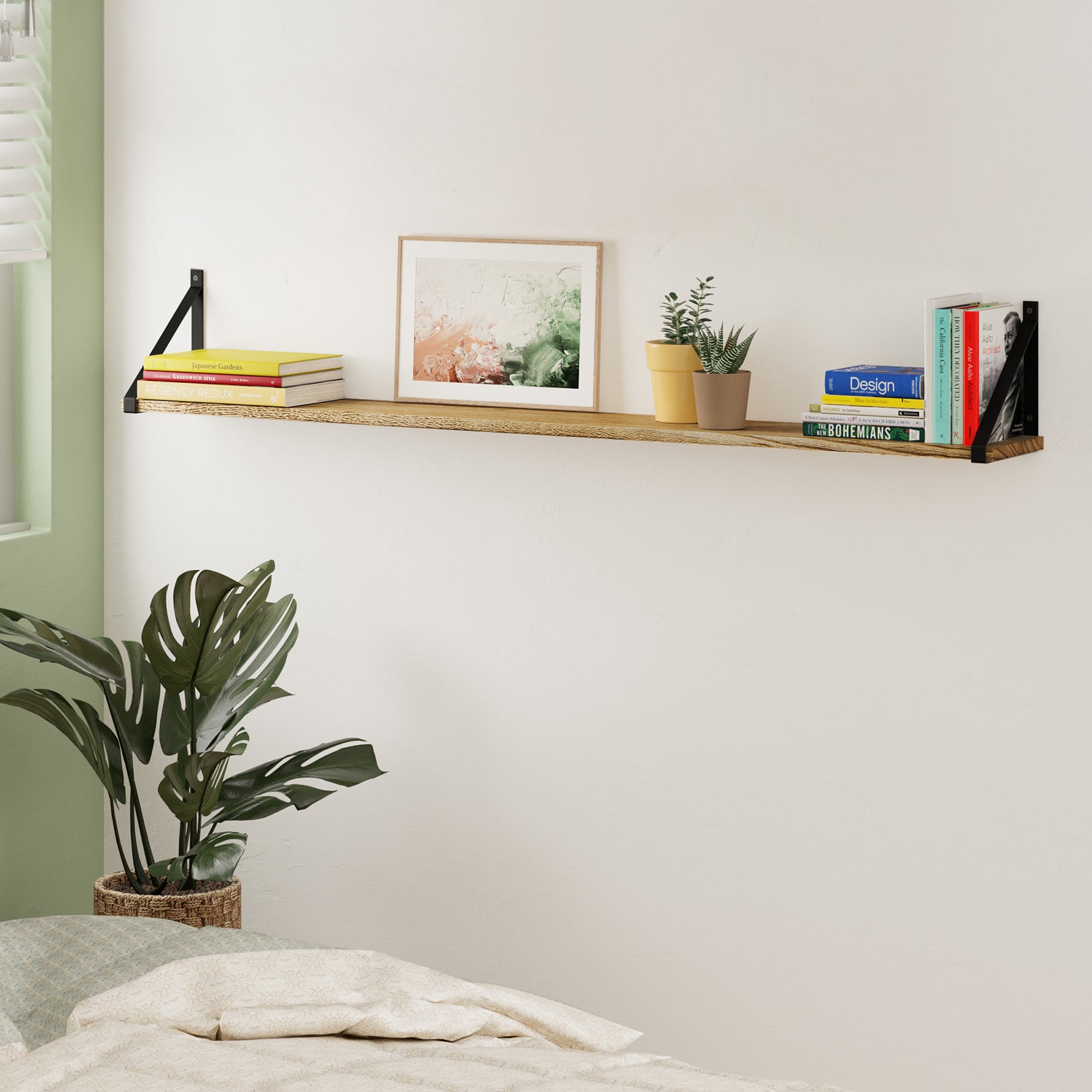 Book shelf for bedroom in a serene bedroom, adorned with books and small plants.